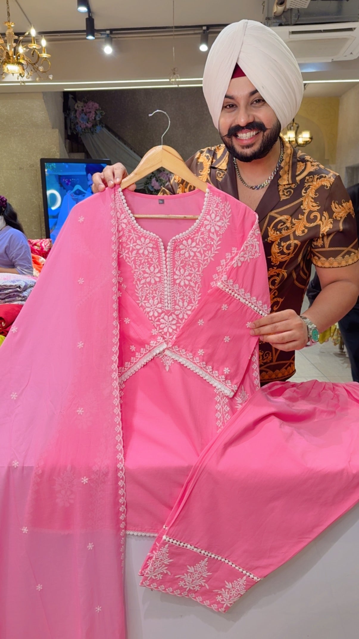 Pink Mal Cotton Embroidered  Semi formal Farshi Salwar Suit