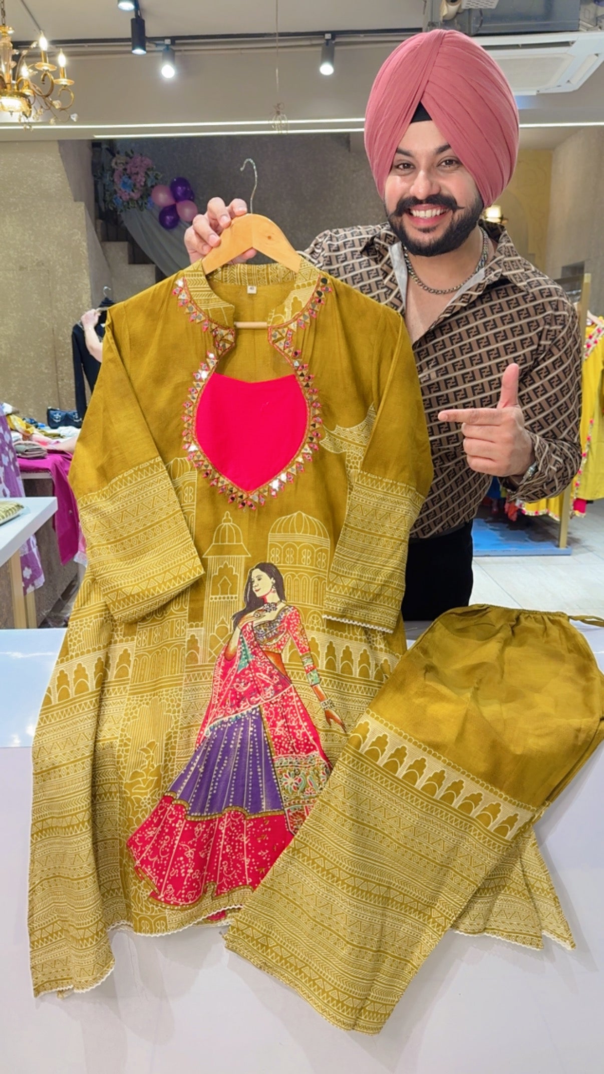 Mustard Yellow Cotton Doll Print C-cut Coord set with Beautiful Mirror Work On Designer Neck