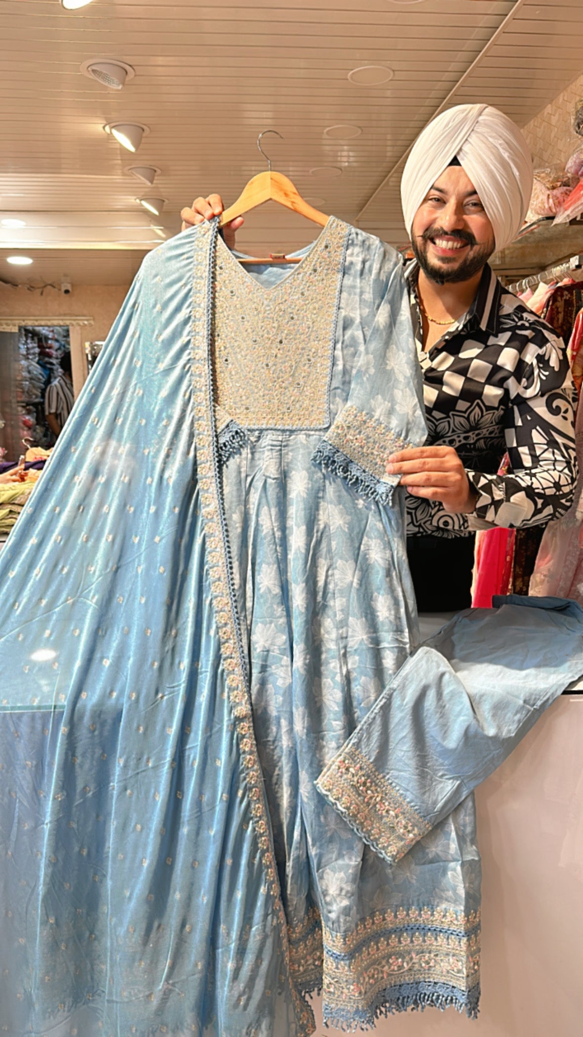 Light Blue organza Embroidered Anarkli suit with Beautiful Duppata