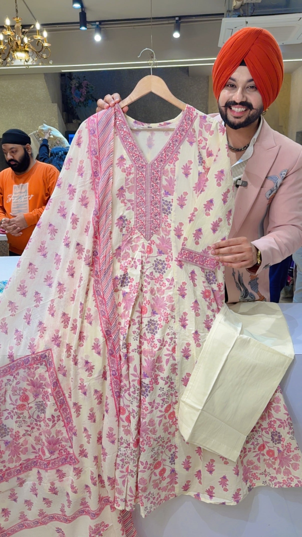 Cream & Pink Pure Cotton Floral Print Office Wear Anarkali Suit with Hand embroidery Work on Neck