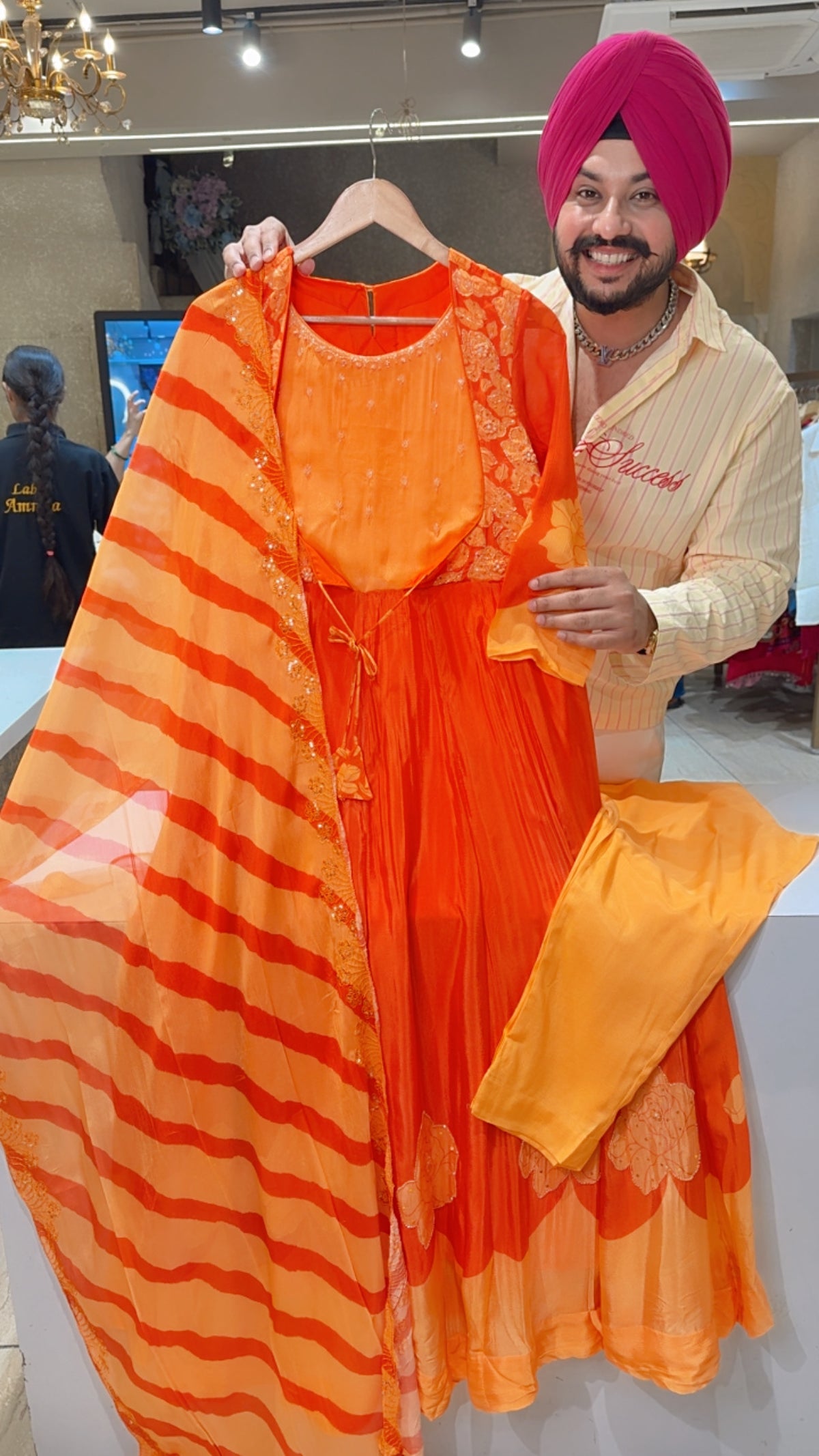 Orange Chinon Hand embroidered Party Wear Anarkali Suit With Lehriya Duppata