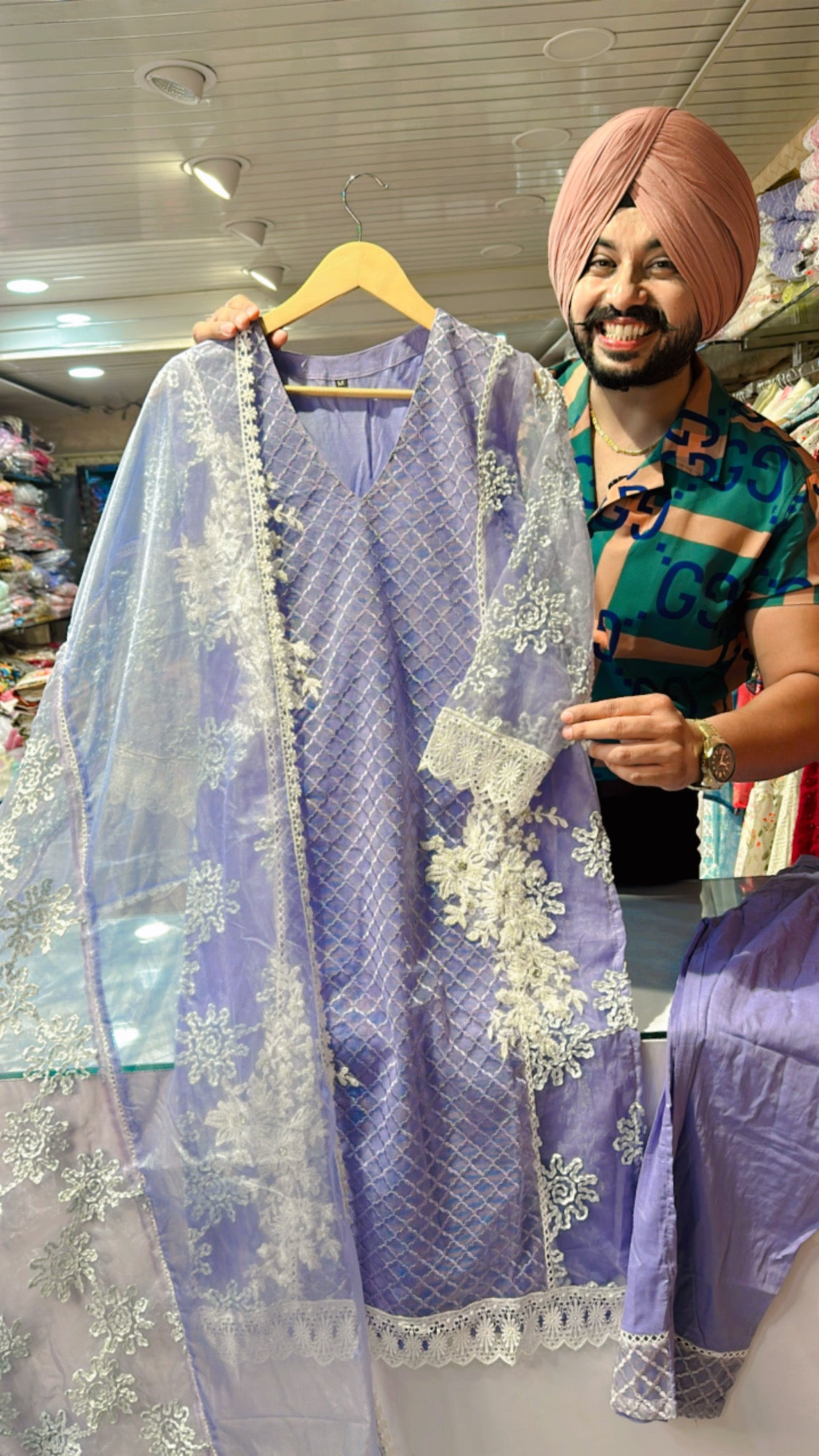 Lavender organza & cotton Fully embroidered Straight Suit with Beautiful Duppata