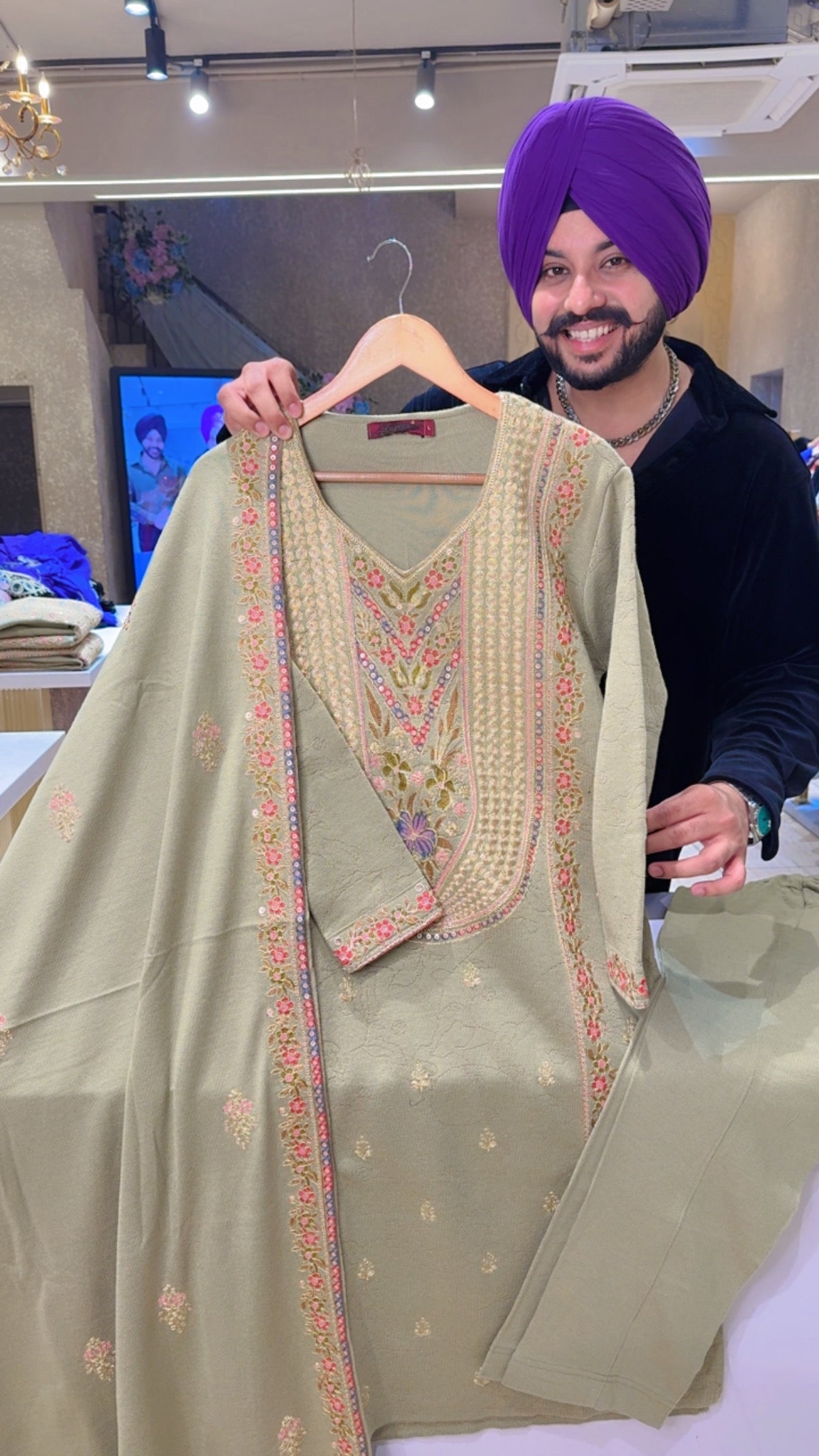 Pastel Green Woolen Heavy embroidered Party wear Straight Suit with Beautiful Embroidered Duppata