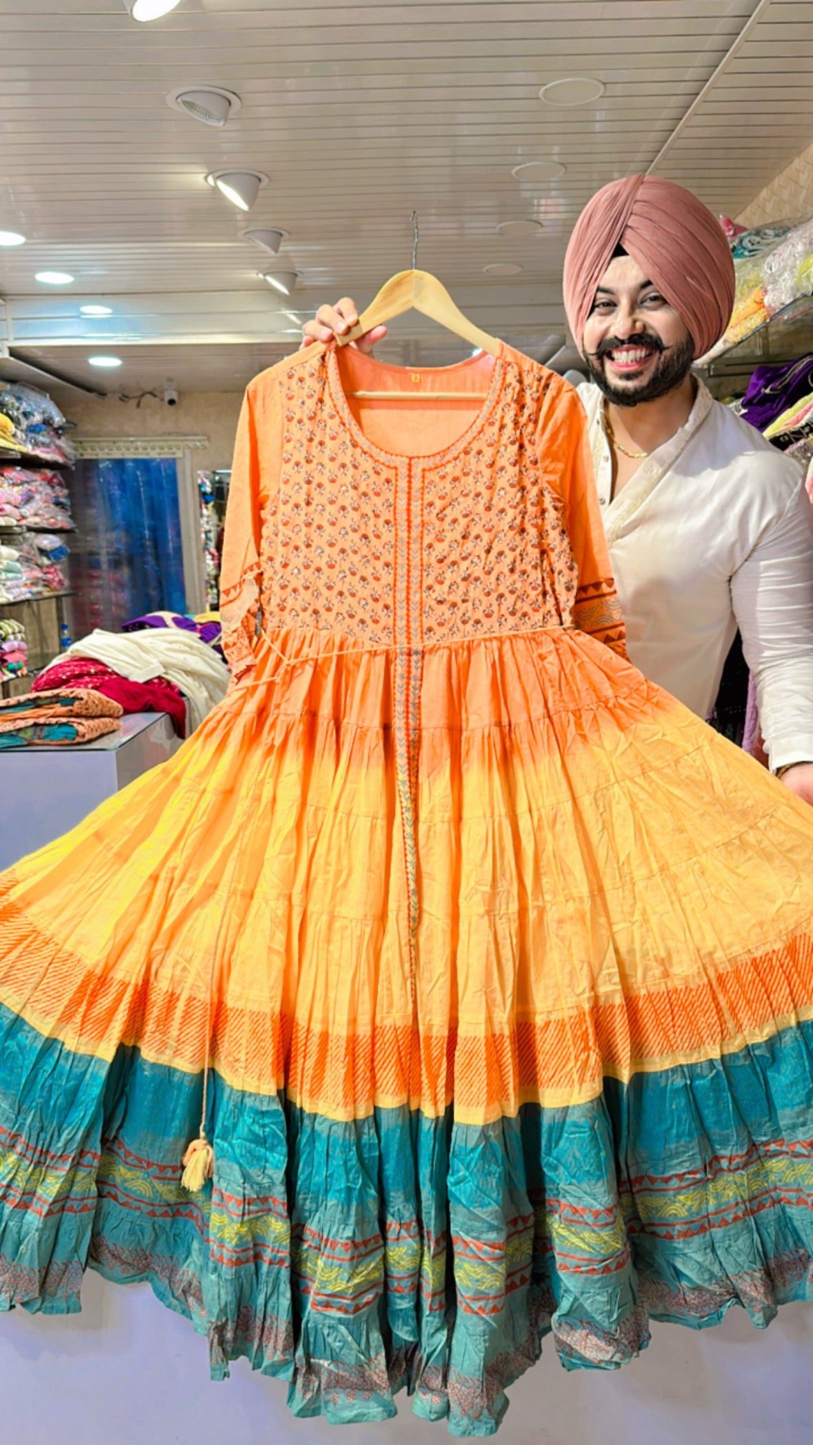 Peach Multicolored Mal Cotton Full Flair Anarkali Gown