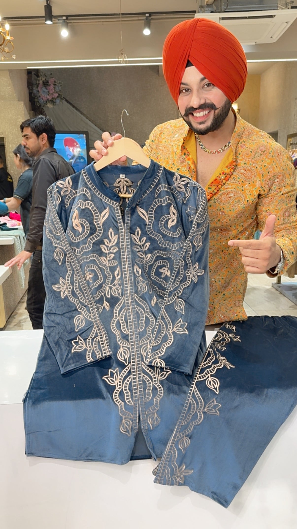 Greyish Blue Matt Velvet Embroidered semiformal Coord set