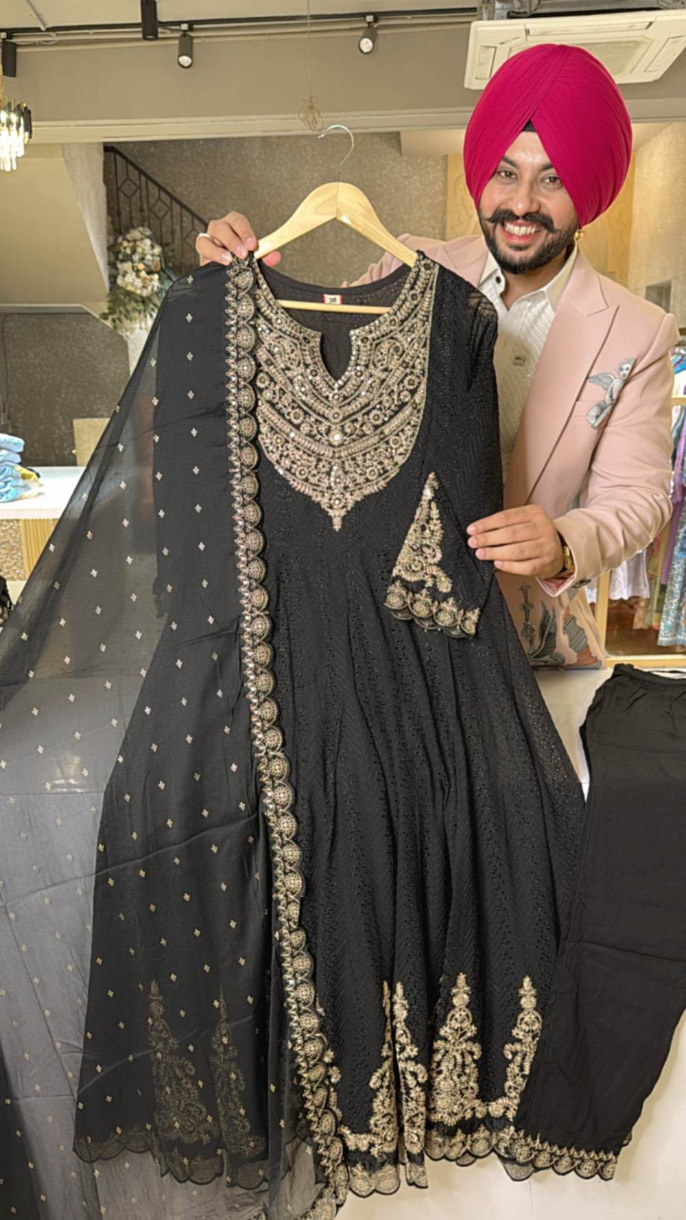 Cream & Lavender Chiffon Floral print Full Flair Anarkali Suit with Hand Embroidery work on neck & Organza Duppata