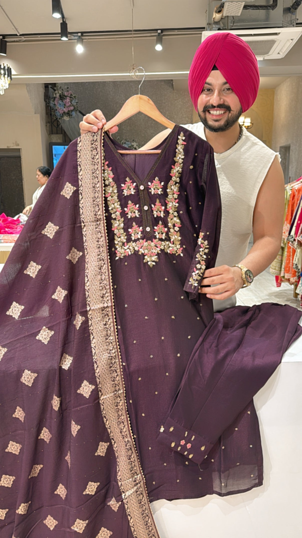 Dark Wine Chinon Hand embroidered Straight Suit with Banarasi Look Duppata