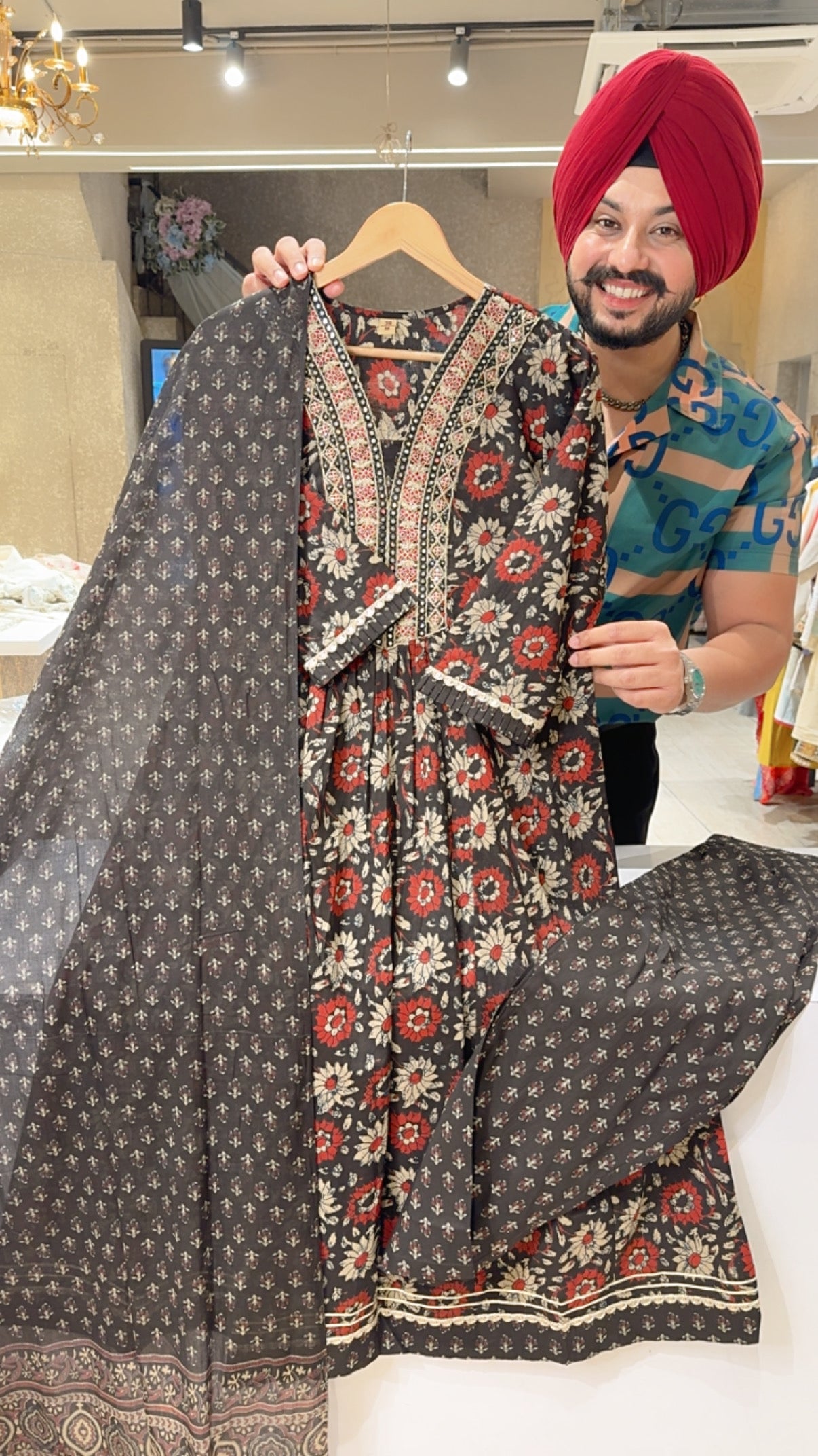 Browish Black Pure Cotton Office Wear a-line Suits with Beautiful Embroidery Work on Neck