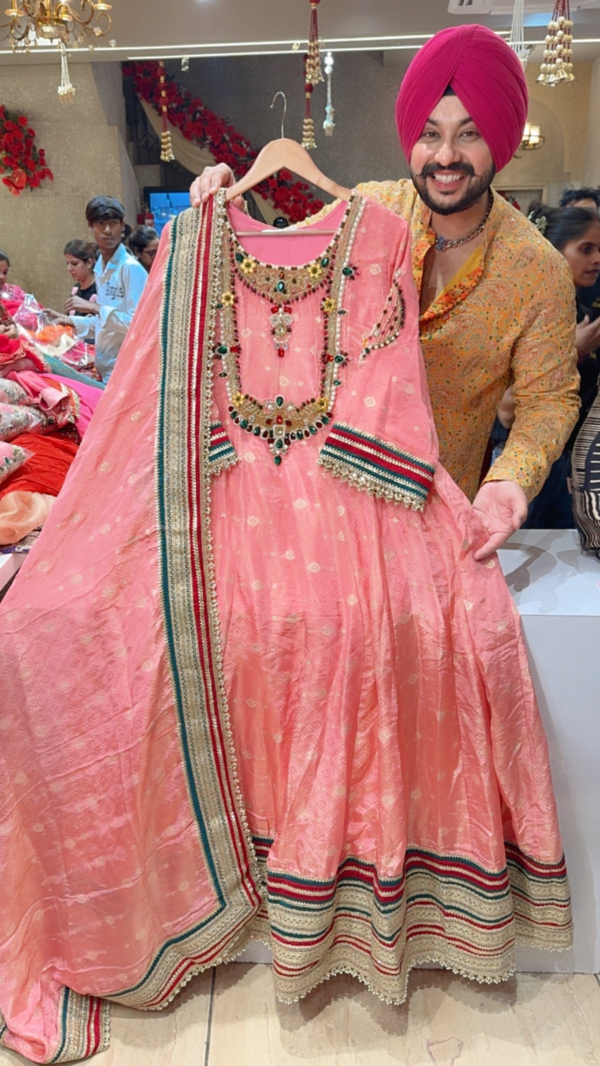 Pink Brocade Silk Heavy Kundan ,Pearl & Hand embroidered Anarkali Gown With Heavy Duppata