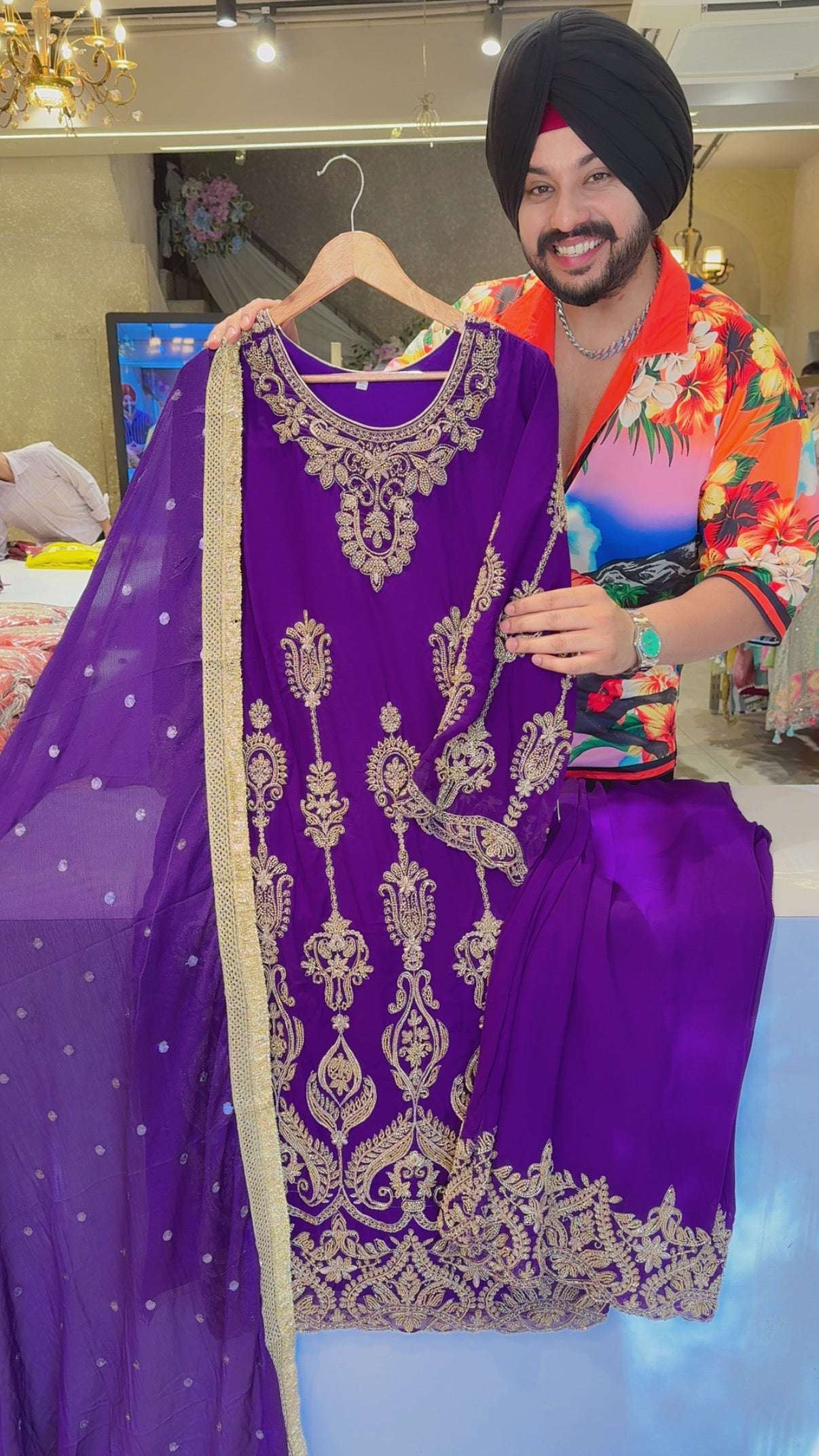 Purple Georgette Fully Hand Embroidered Wedding Wear Heavy Suit