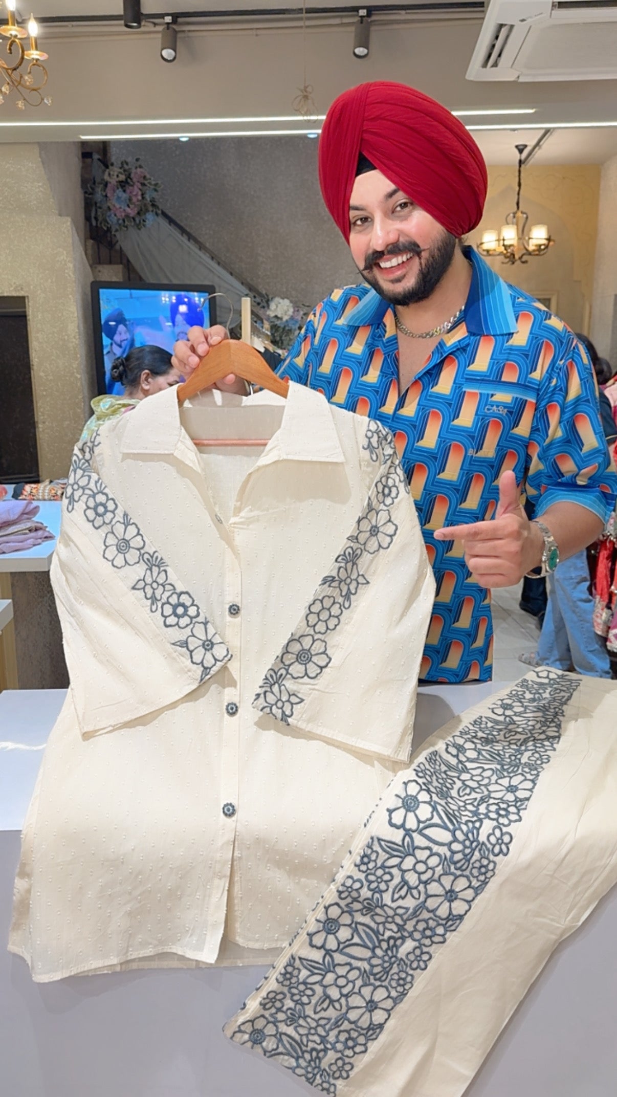 Off White & Grey Kora Cotton collar Neck Summerish Coord set with Beautiful Embroidery work on Sleeves & Pants IN0