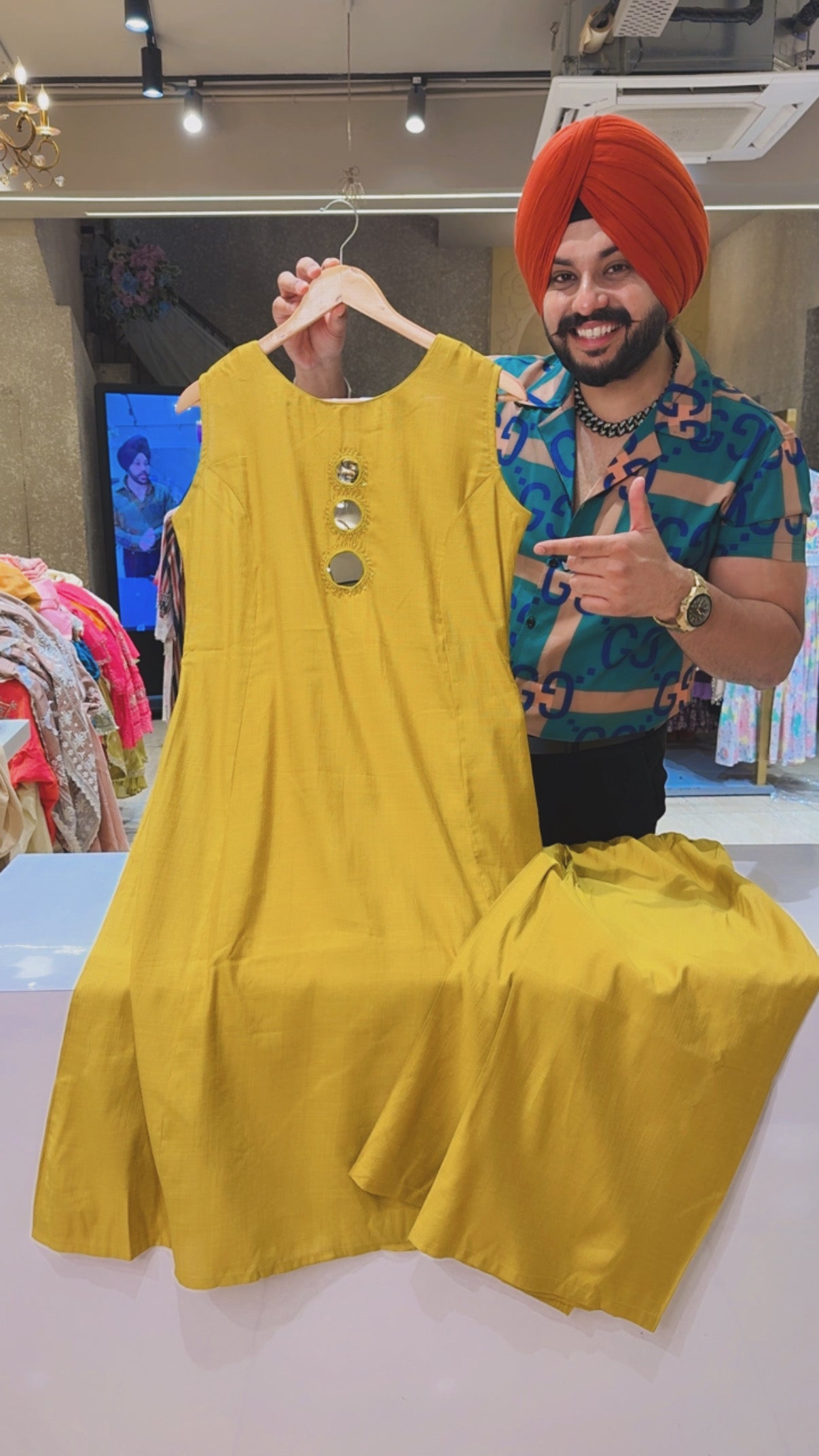 Goldenish yellow Imported Stuff Mirror work Long Length Cut sleeves Coord set