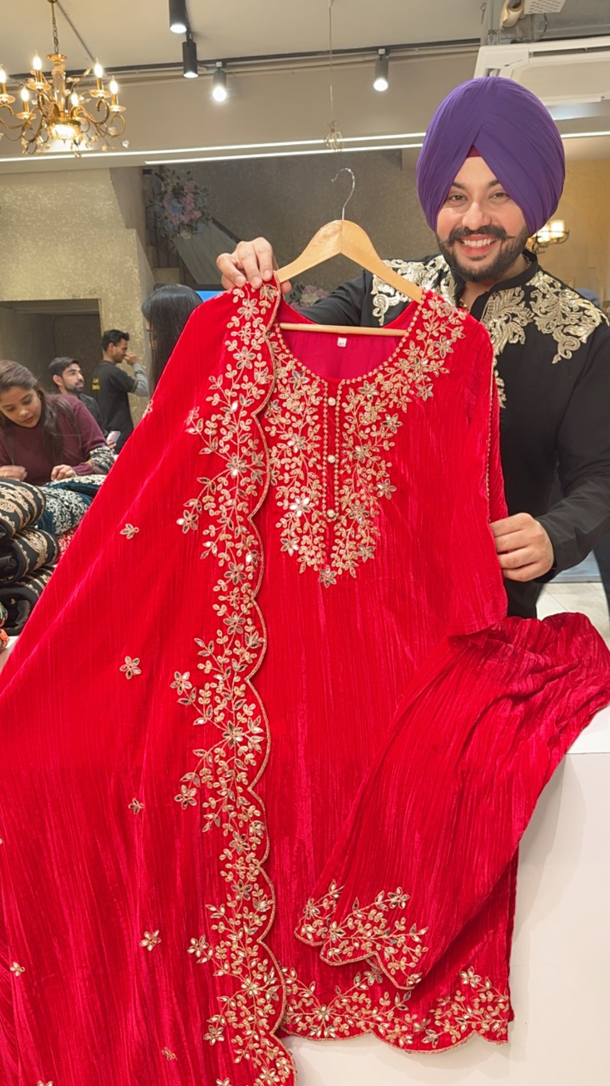 Hot pink Premium Crush Velvet Heavy Embroidered Straight Suit with Full Length Heavy Duppata