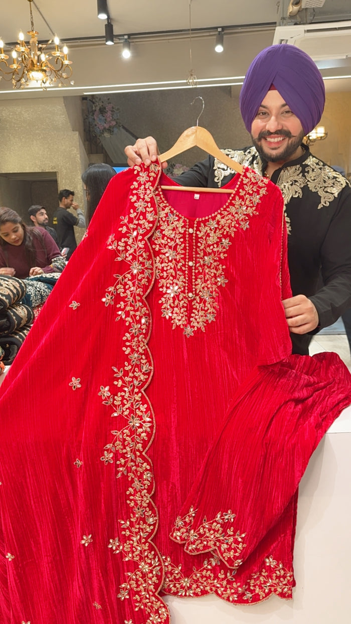 Navy Blue Crush Velvet Party Wear Straight Suit with Heavy Embroidered Work on Neck & Full Length Duppata main image 1