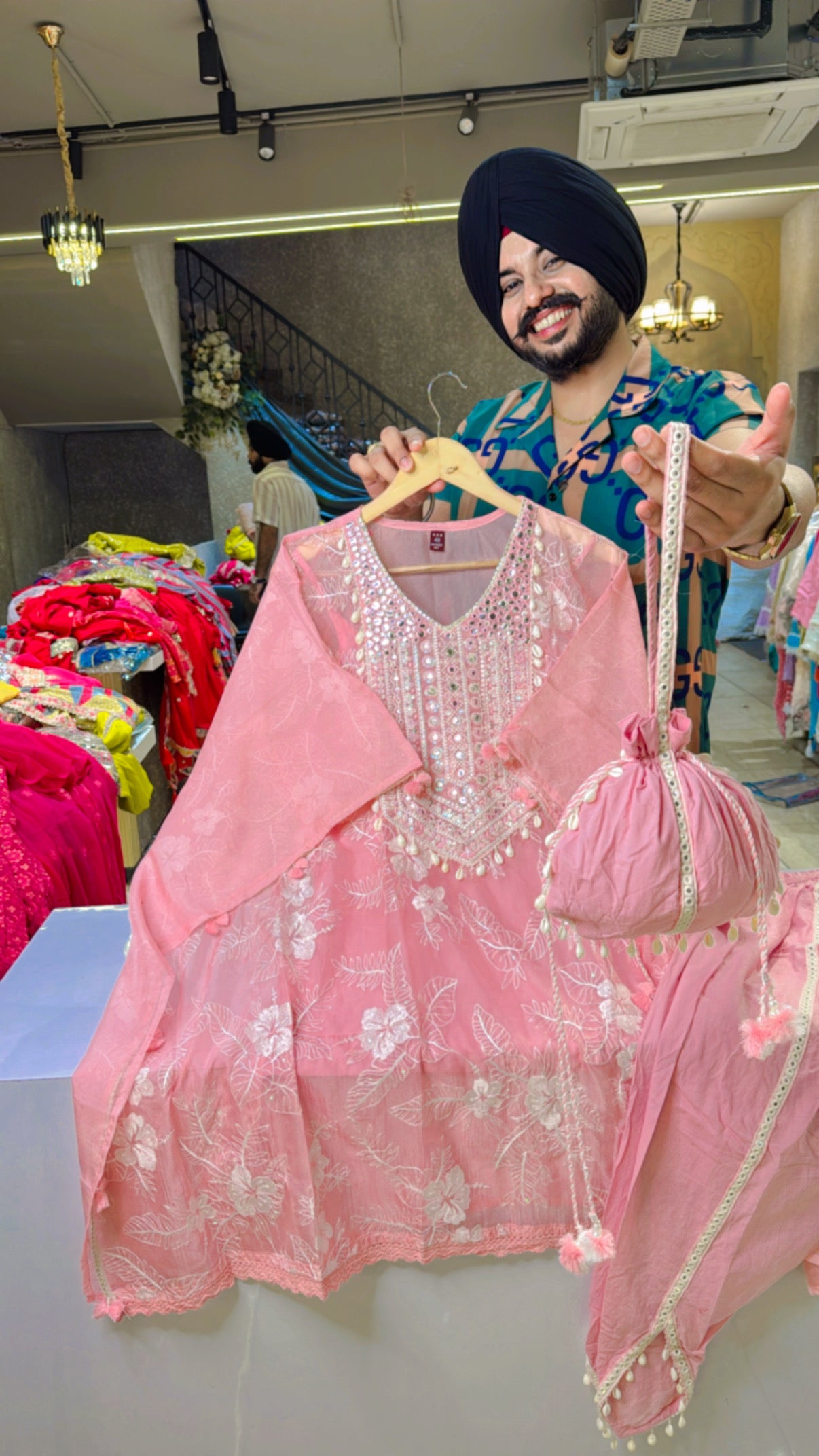 Pink Organza Fully embroidered Kaftan Coord set with Cute Potli & tulip pants