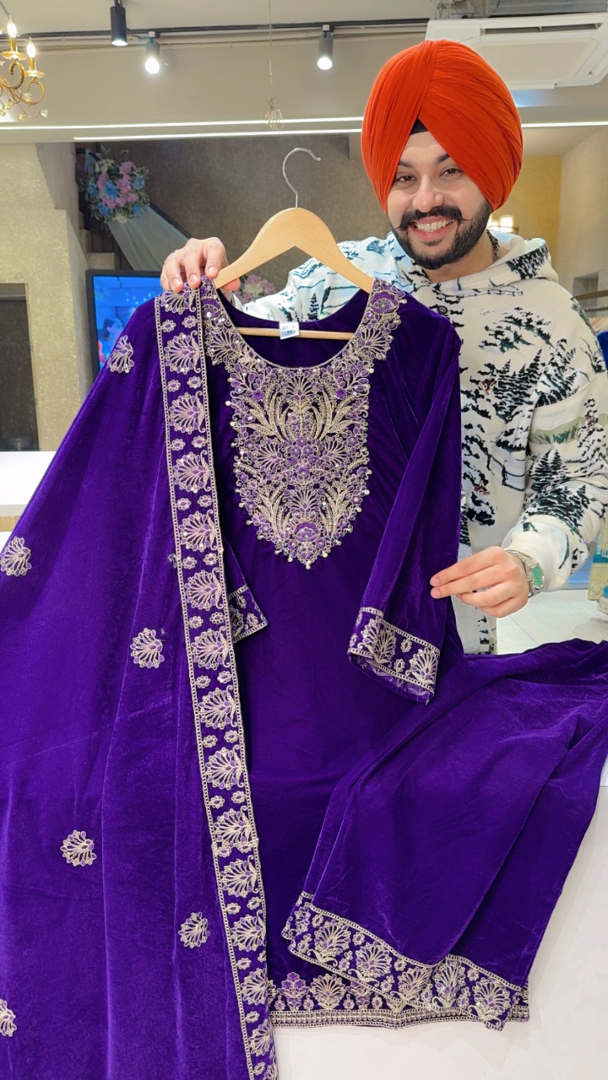 Purple Velvet Heavy Embroidered Party wear Straight Plazo suit with Beautiful Heavy Duppata