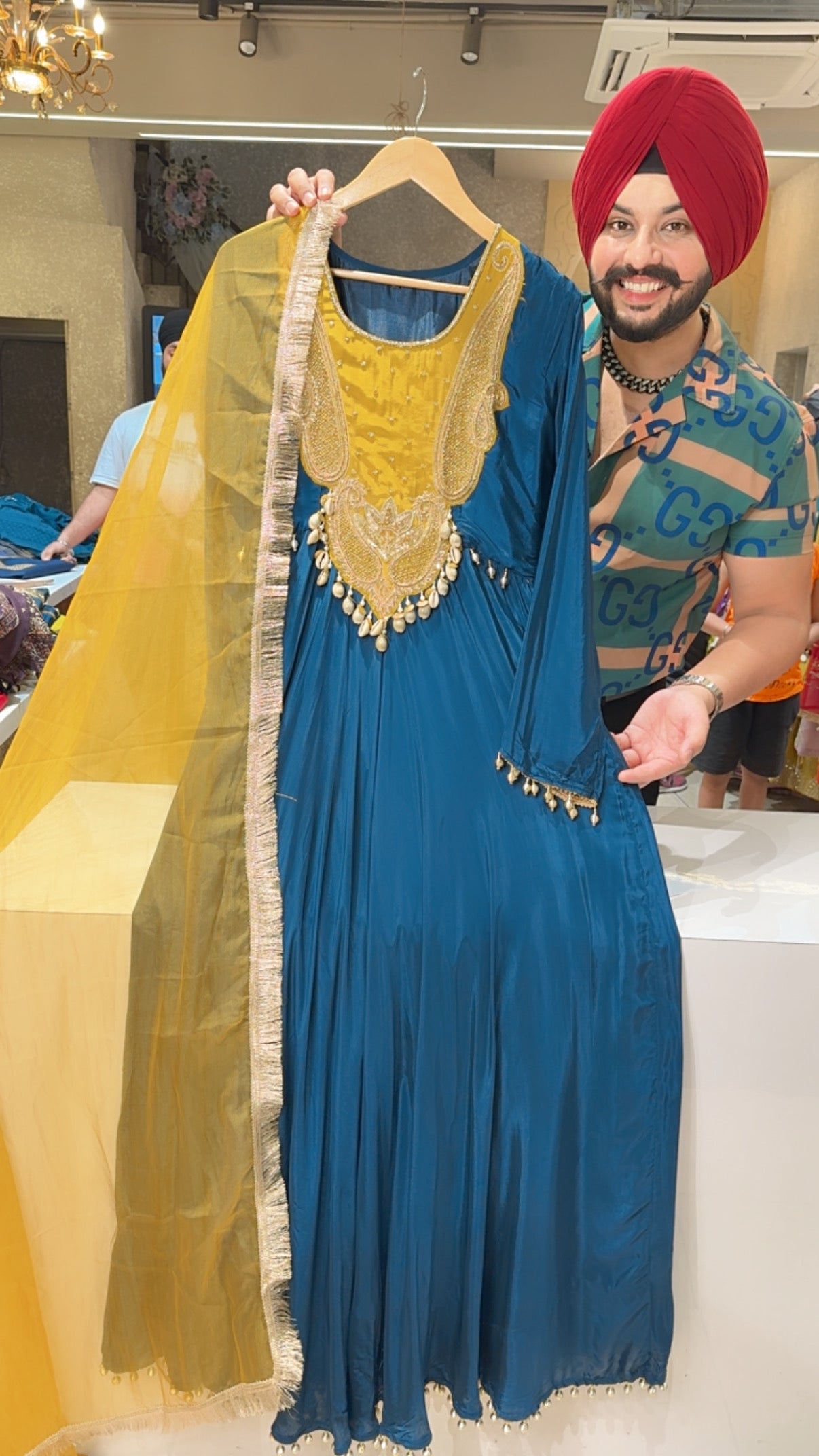 Teel Premium Crepe Heavy hand Embroidered & Shell Hangings Full Flair Anarkali Gown with Kiran Lace Organza Duppata