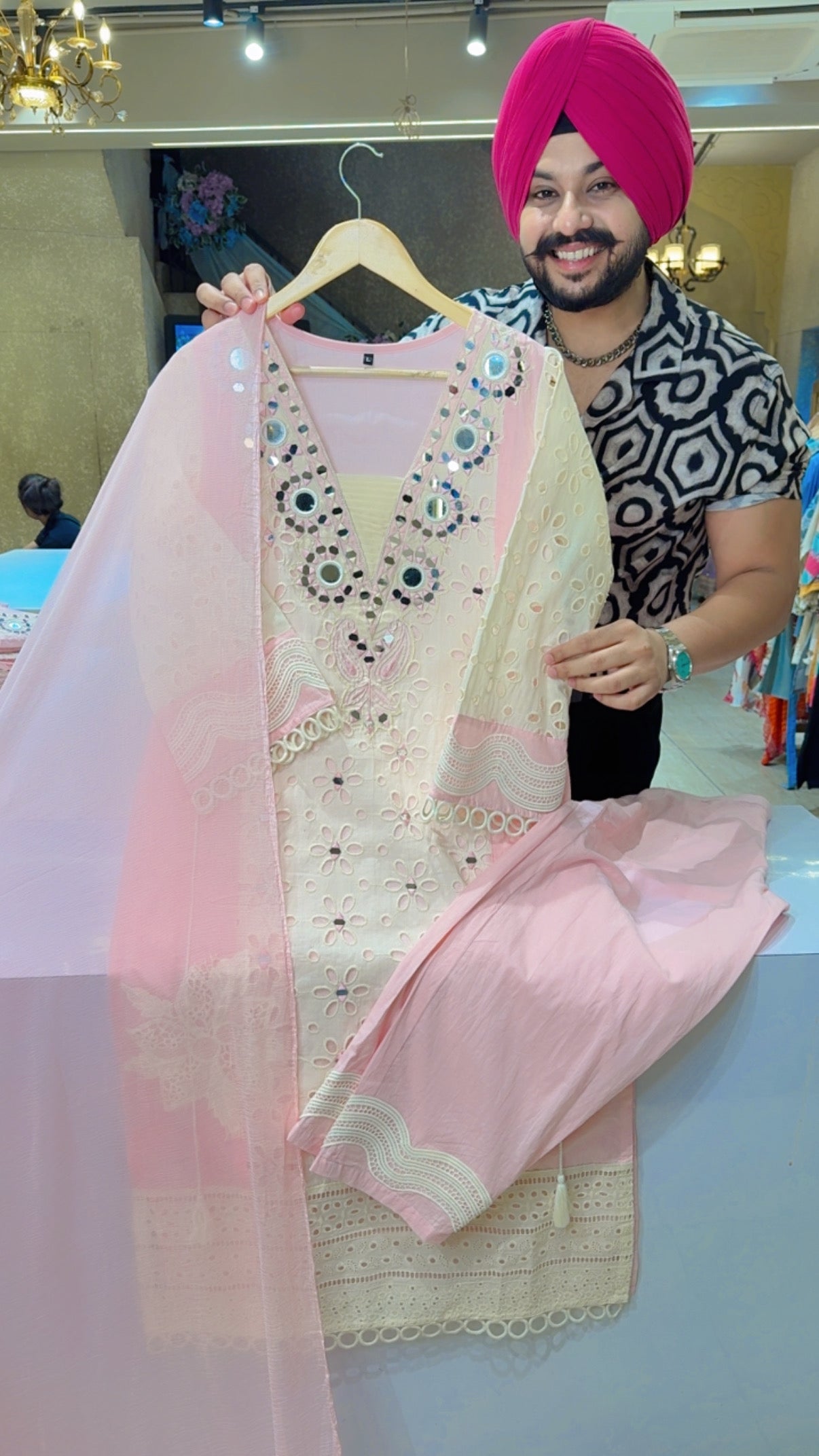 Baby Pink & Off White Soft Cotton Mirror & Shifli Work Party Wear Suit