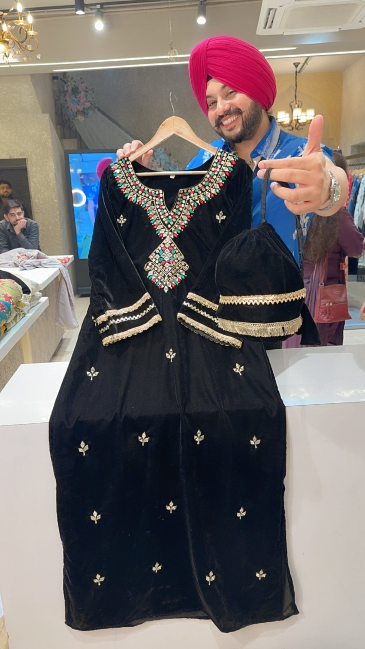 Black Velvet Heavy mirror Embroidered Long Straight Side slit Dress with Cute Potli