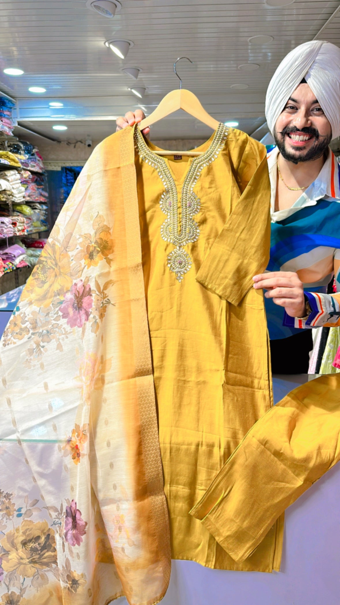 Goldenish Yellow Roman Silk Handwork suit with Beautiful Duppata