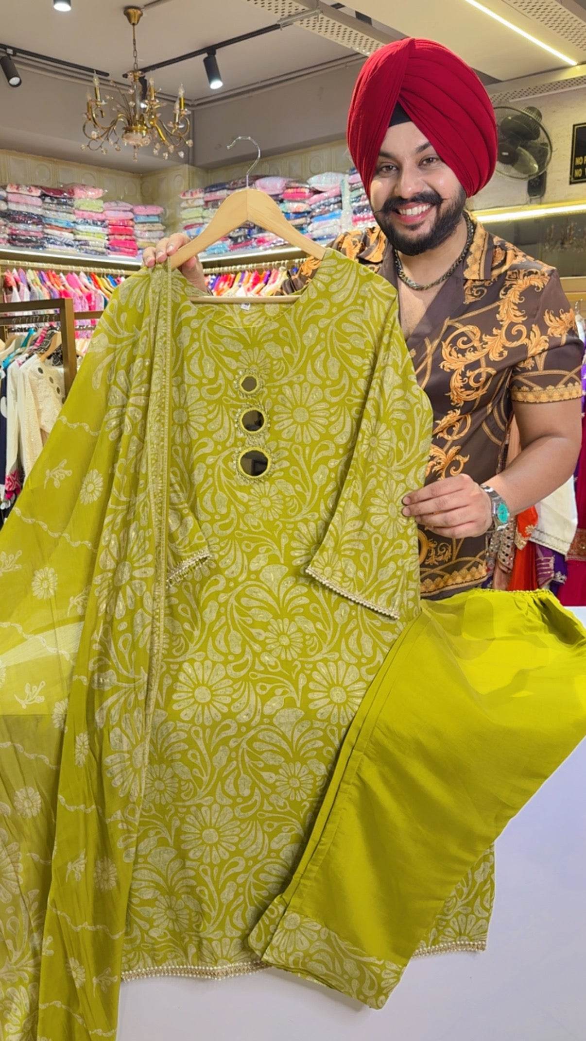 Mehendi Green Soft Silk Indowestern Semiformal Suit with Beautiful Mirror & Sleek Hand work on neck