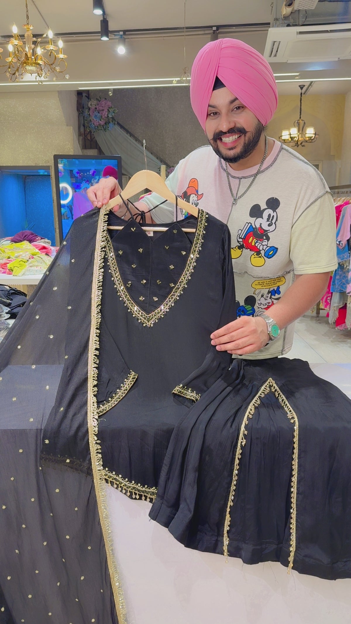Black Chinon U-Cut Party Wear Suit with Designer Double Layer Sharara