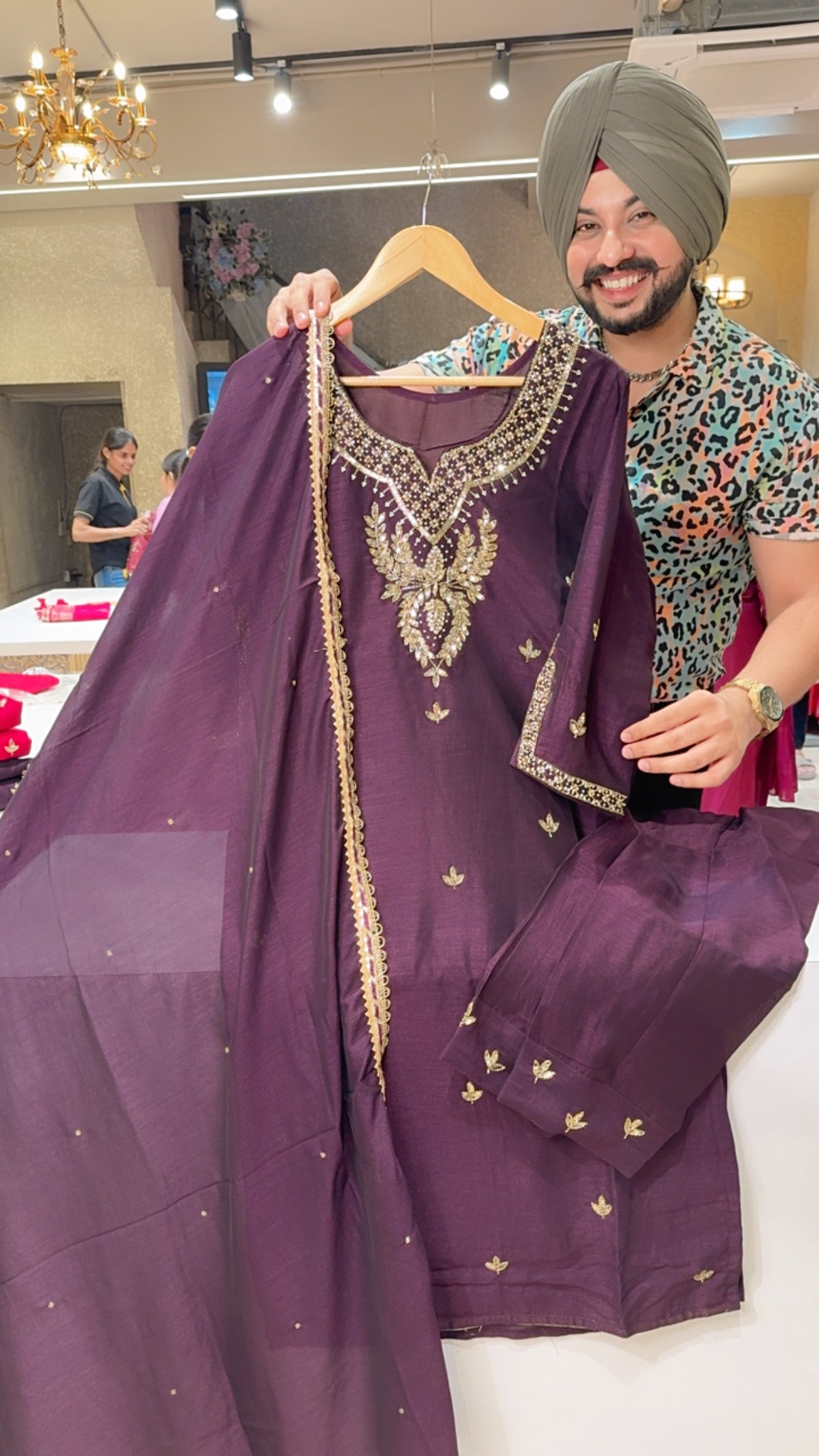 Dark Wine Chinon Heavy Hand Straight Suit with Chinon Beautiful Duppata