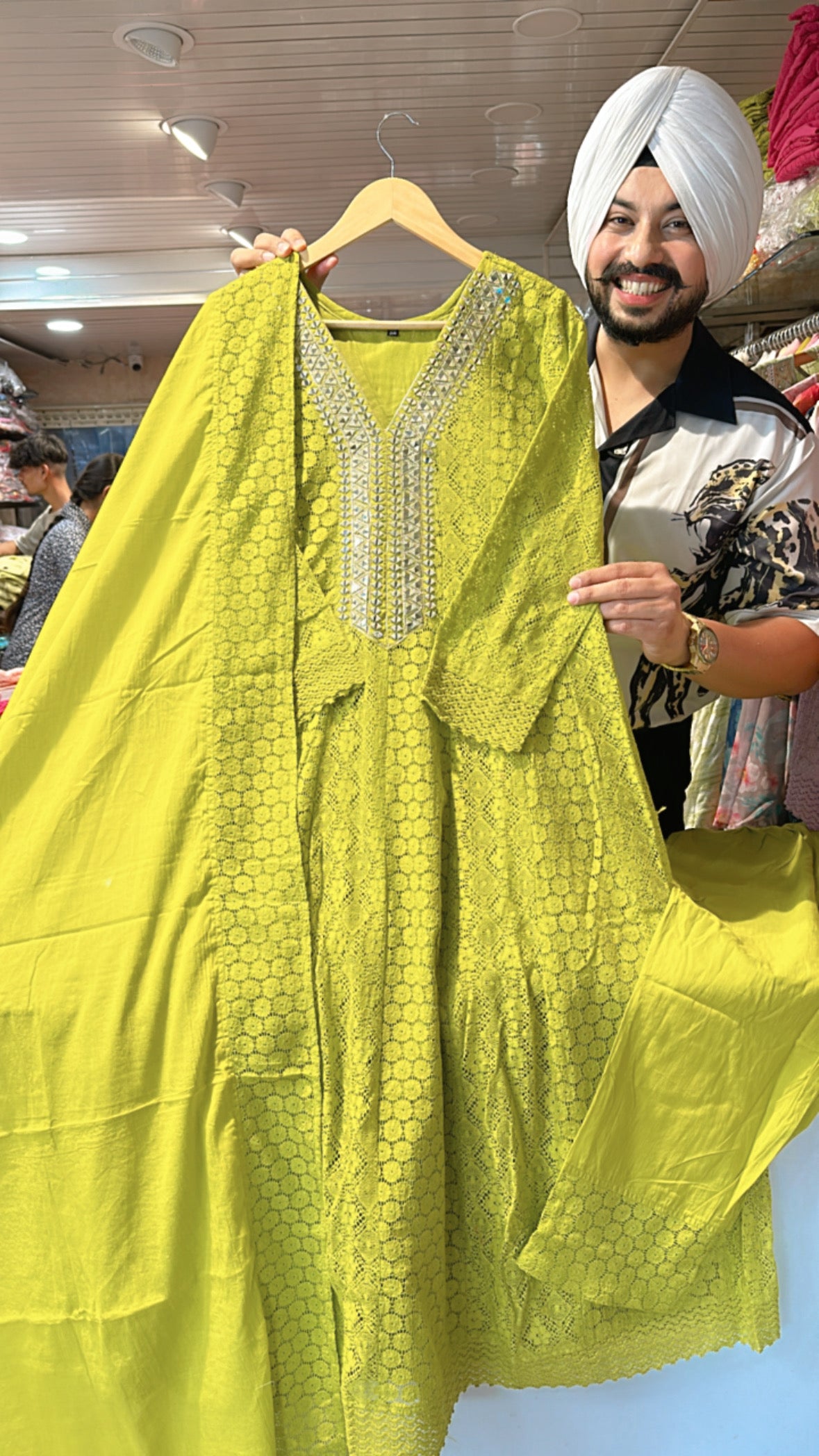 fluorescent Green Crochet Lace Anarkali suits with Beautiful Mirror work on neck