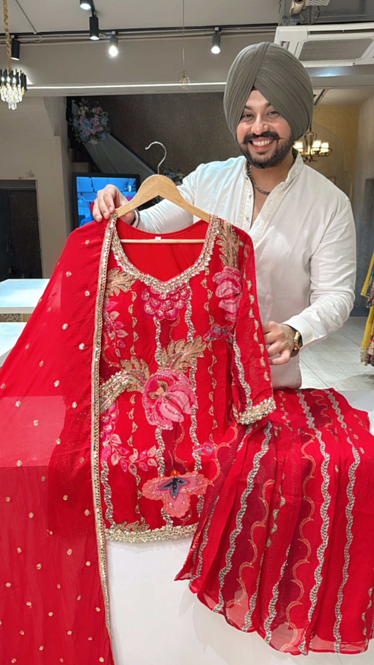 Red Soft Organza Hand embroidered & Mirror Pasting Garara set with Chinon Sequins work Duppata