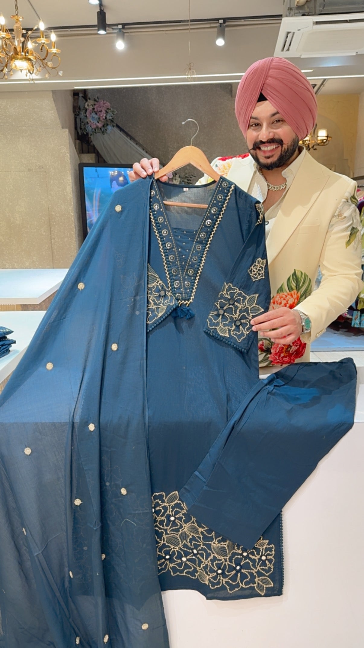 Dark Teel Soft Cotton Semiformal Straight Suit with Heavy Embroidery work on sleeves & Border