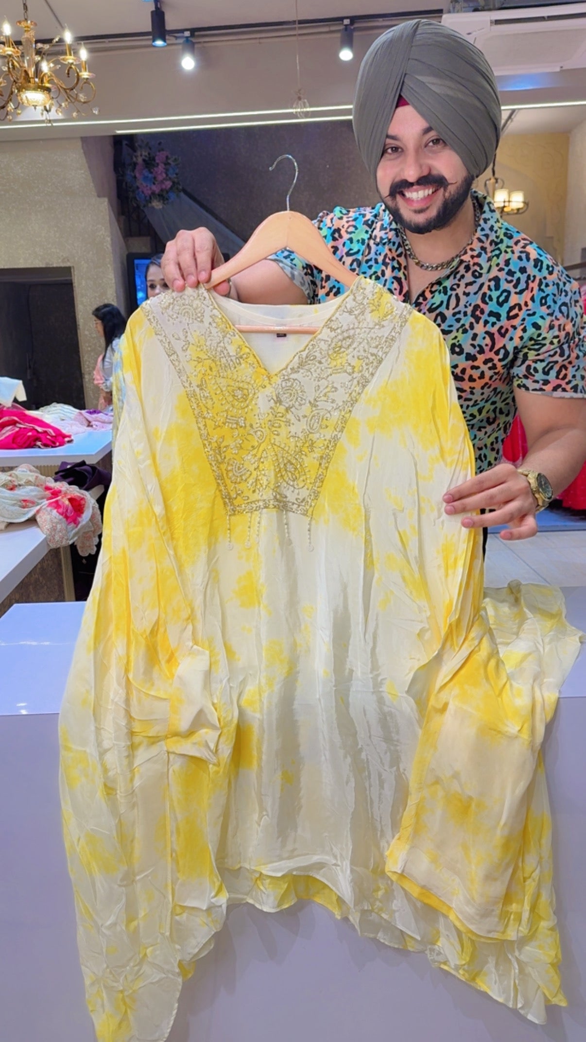 Ivory & yellow Crepe Designer Baggy Butterfly Coord set with Hand embroidery work on neck