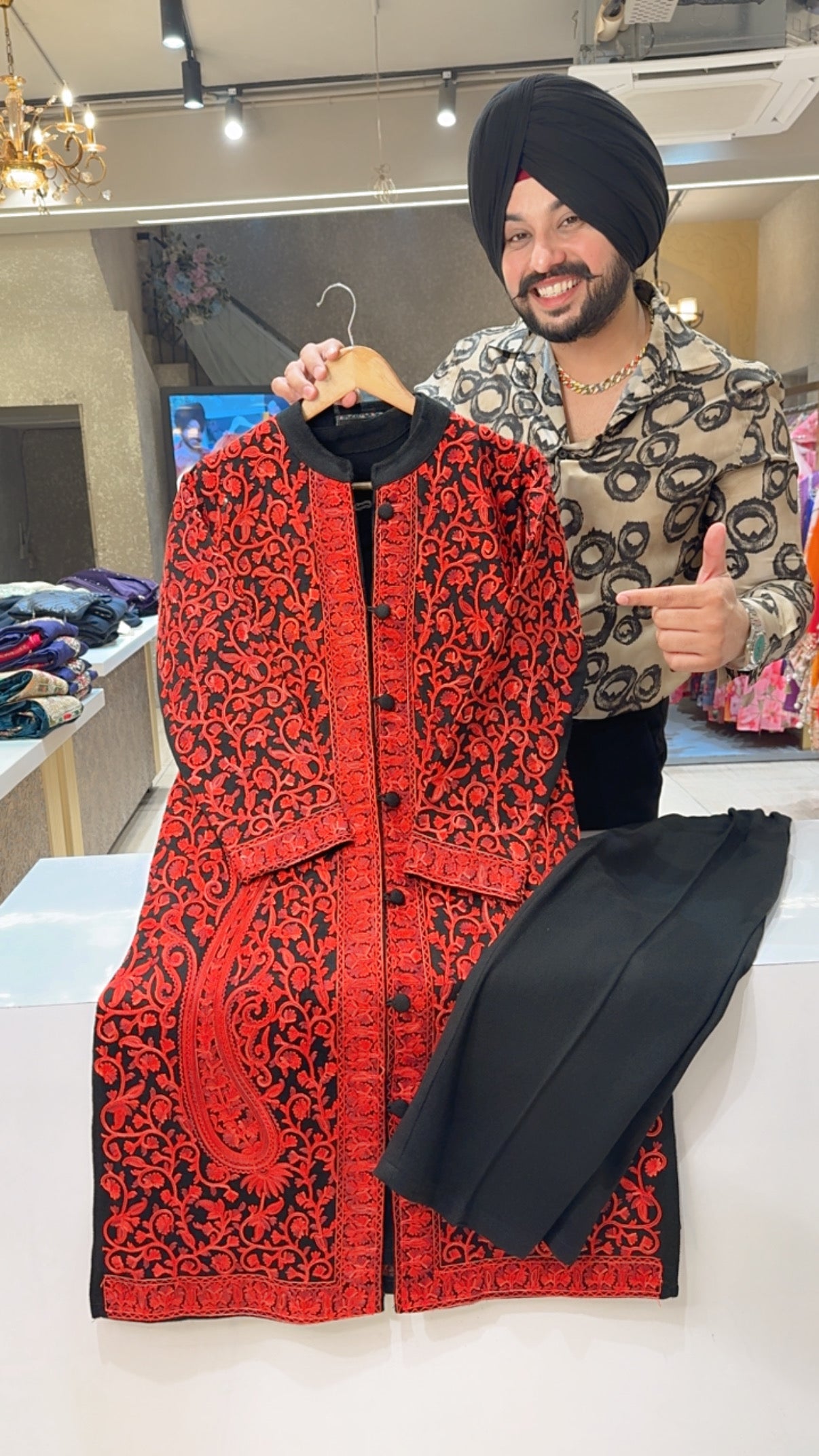 Black & Red Woolen Long Length Coord set with Heavy Front & Back Kashmiri Embroidered Shrug