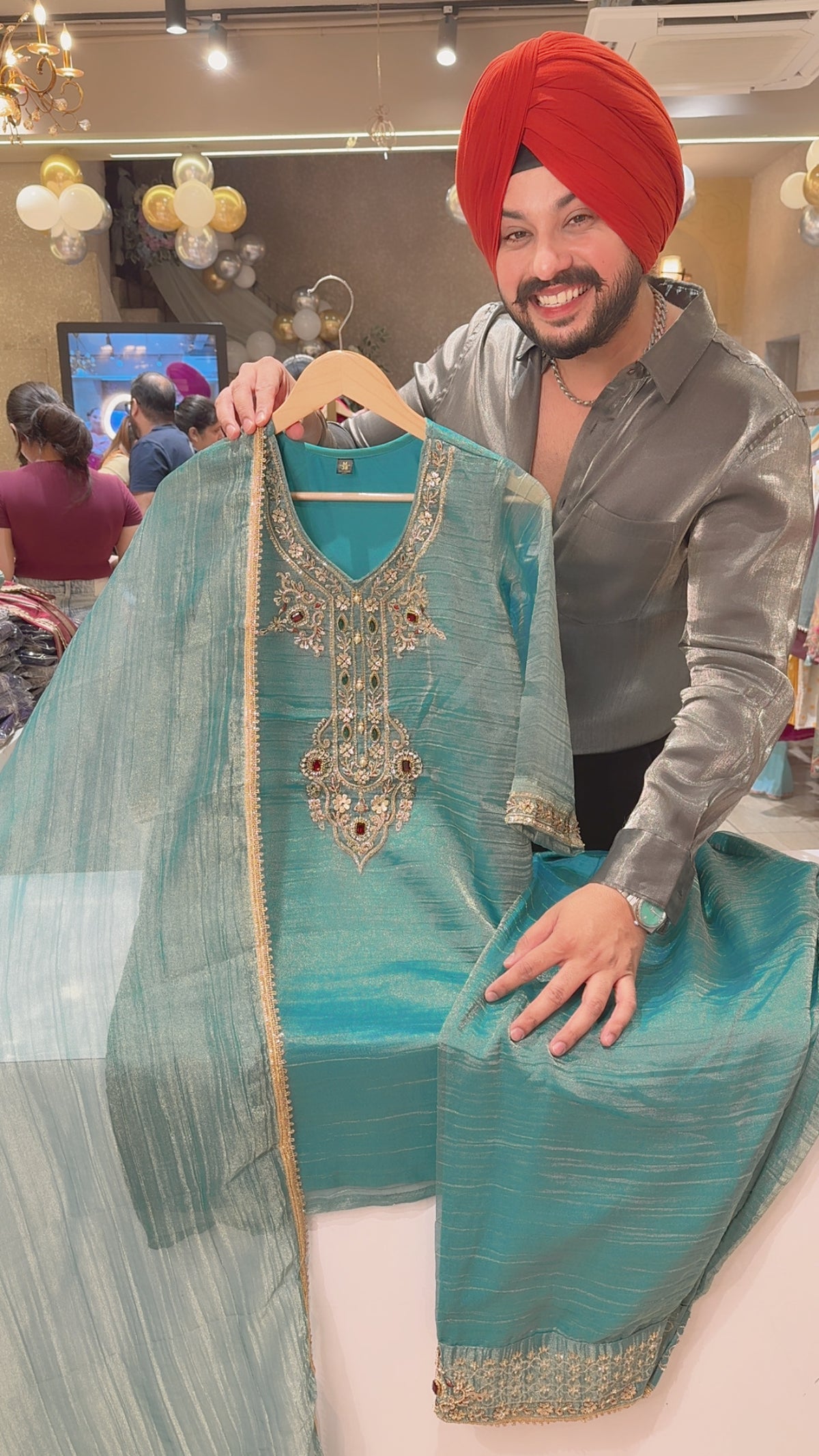 Sea Blue Salsa Fabric Heavy Stone hand embroidered Partywear Farsgi Salwar Suit