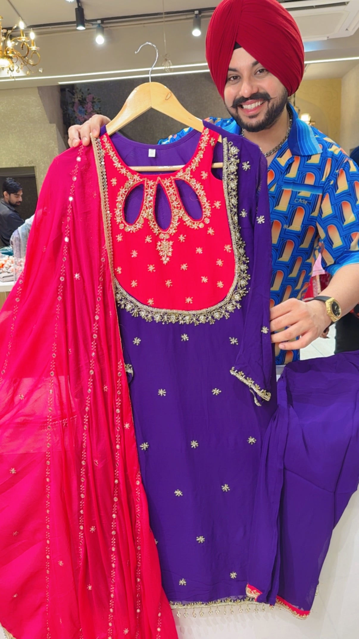 Purple & Hot Pink Georgette Heavy Hand embroidered Designer Neck straight Suit with Embroidered Chinon Duppata