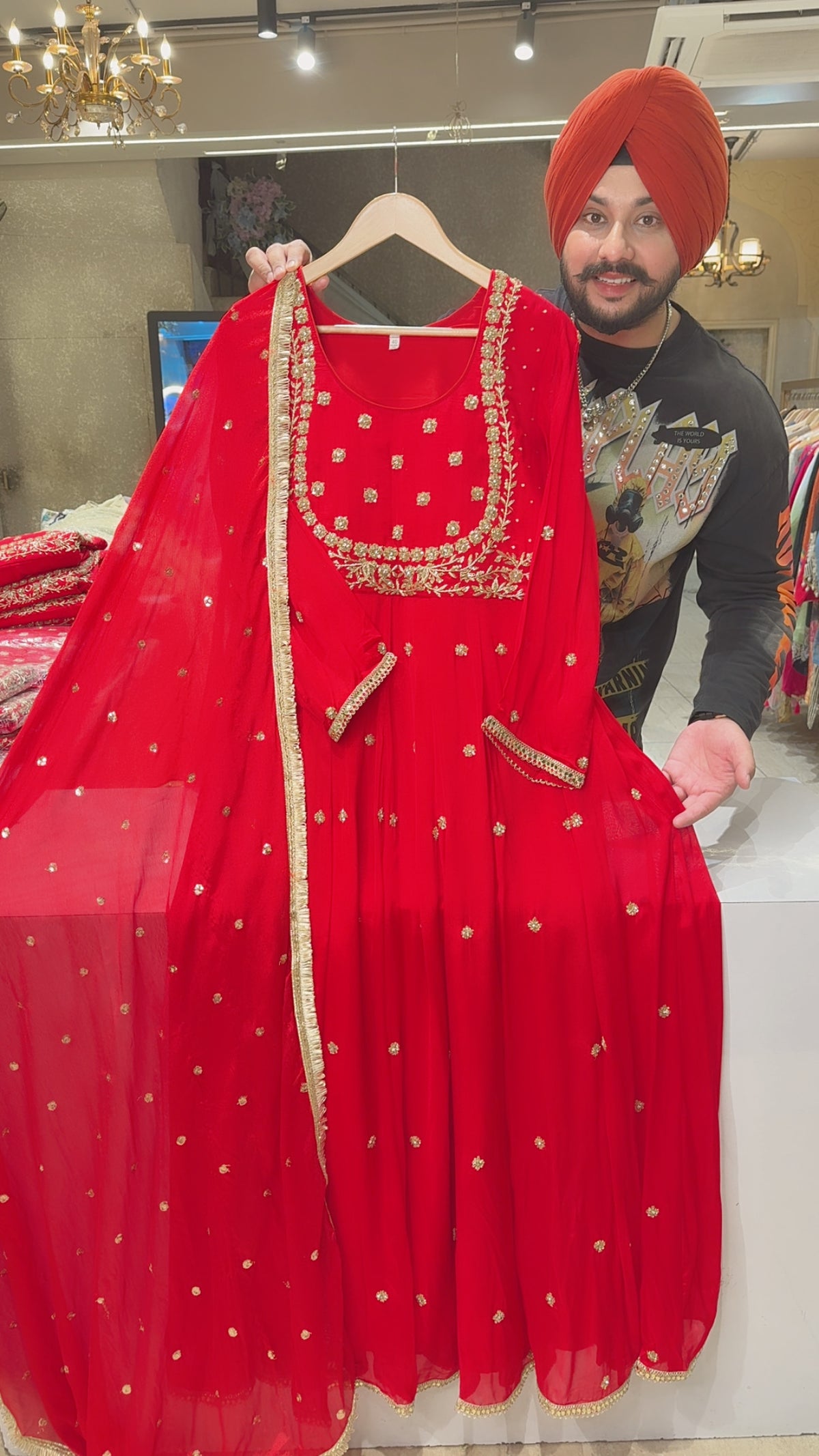 Red Georgette Fully Hand Embroidered Party Wear Anarkali Gown With Beautiful Sequins Work Duppata