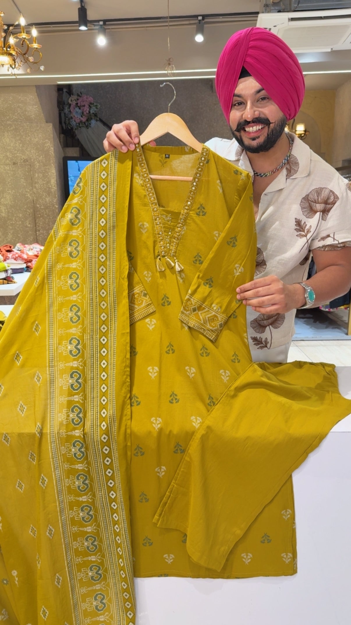 Mehendi green Pure Cotton Office Wear Suit with Sleek Hand embroidery Work on neck