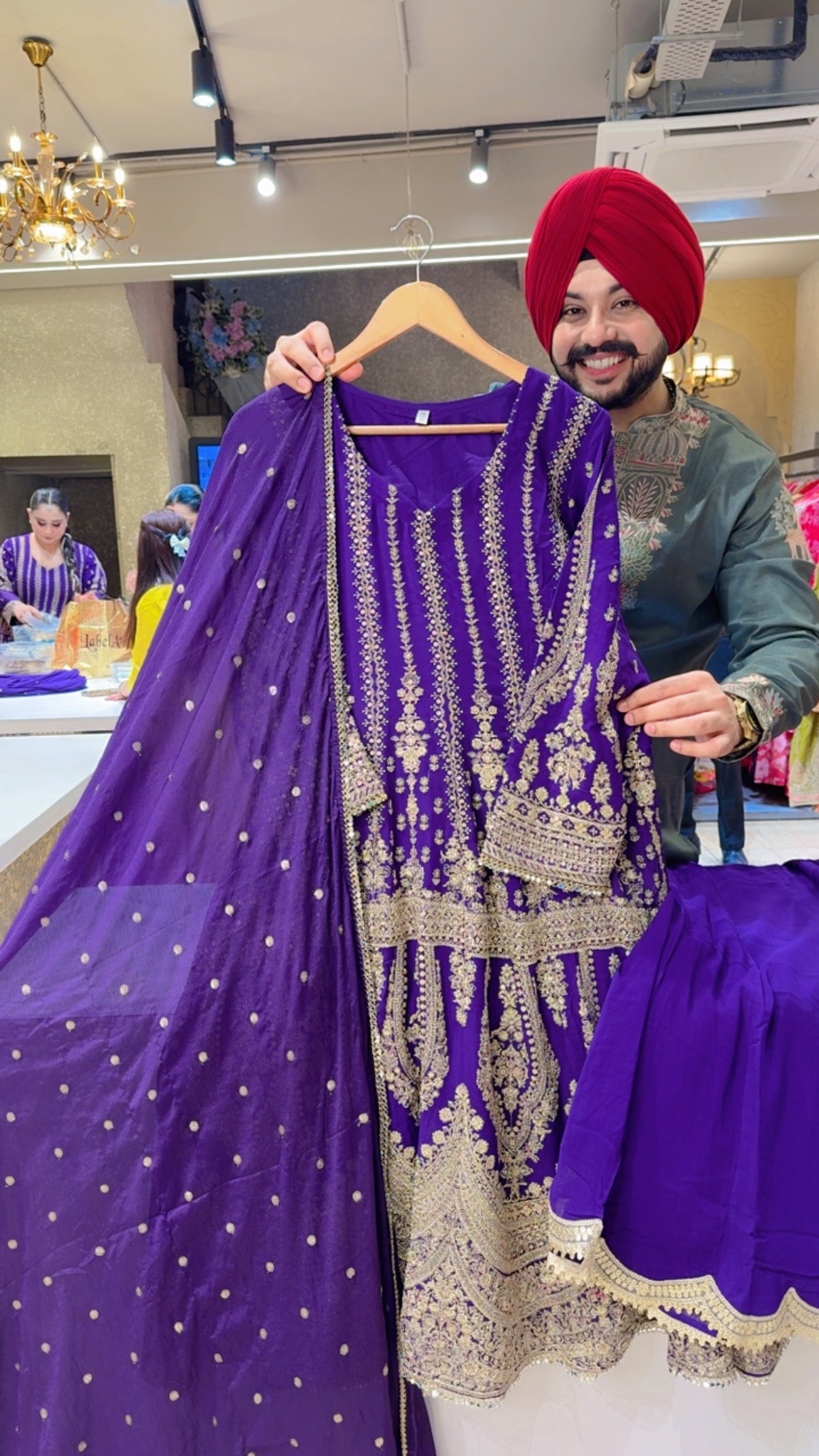 Purple Georgette Heavy Embroidered Full Flair Party Wear Anarkali Sharara Suit with Sequins Work Chinon Duppata