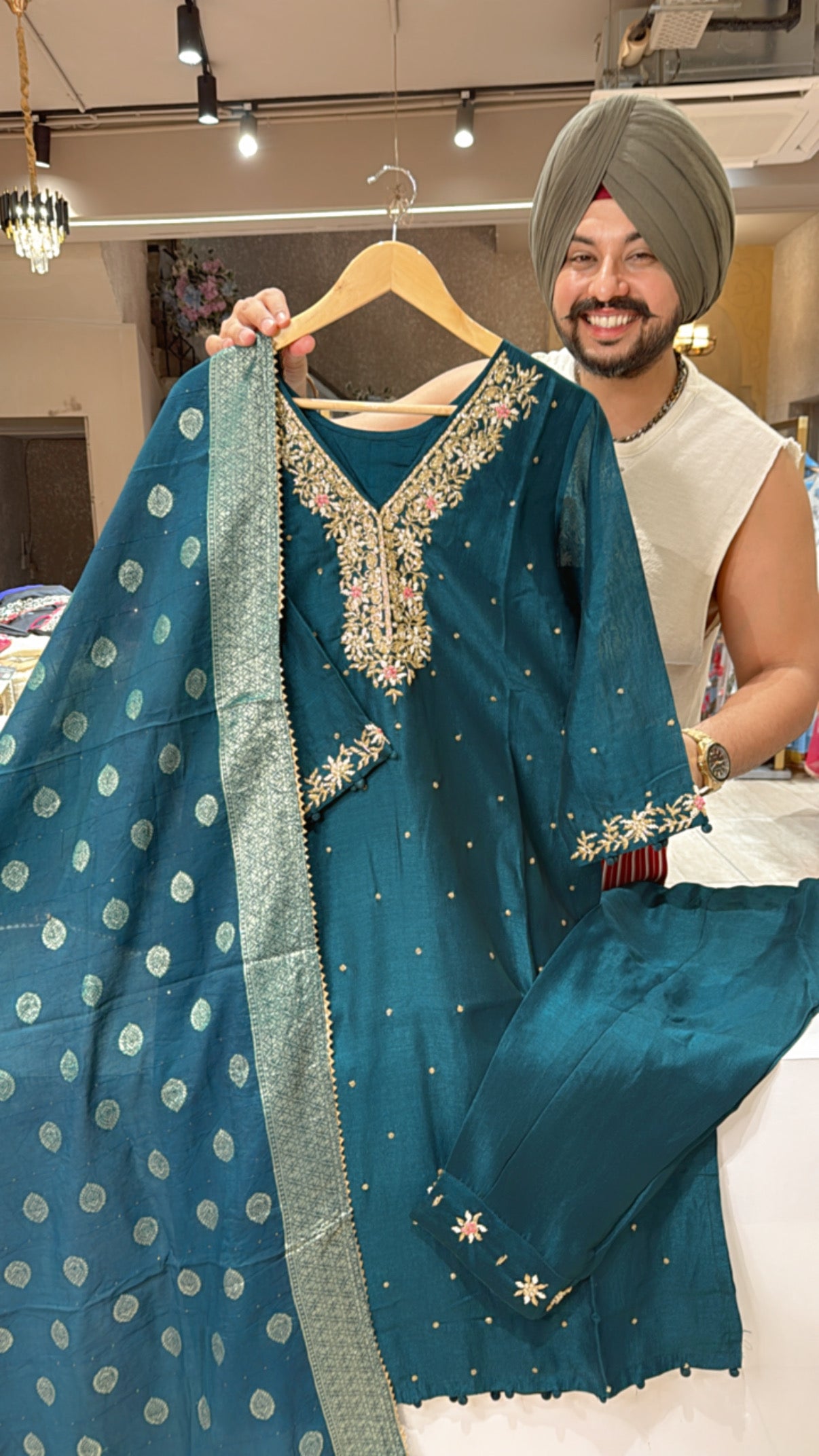 Dark RamaGreen chinon Heavy hand embroidered Straight Suit with Banarasi Look Duppata