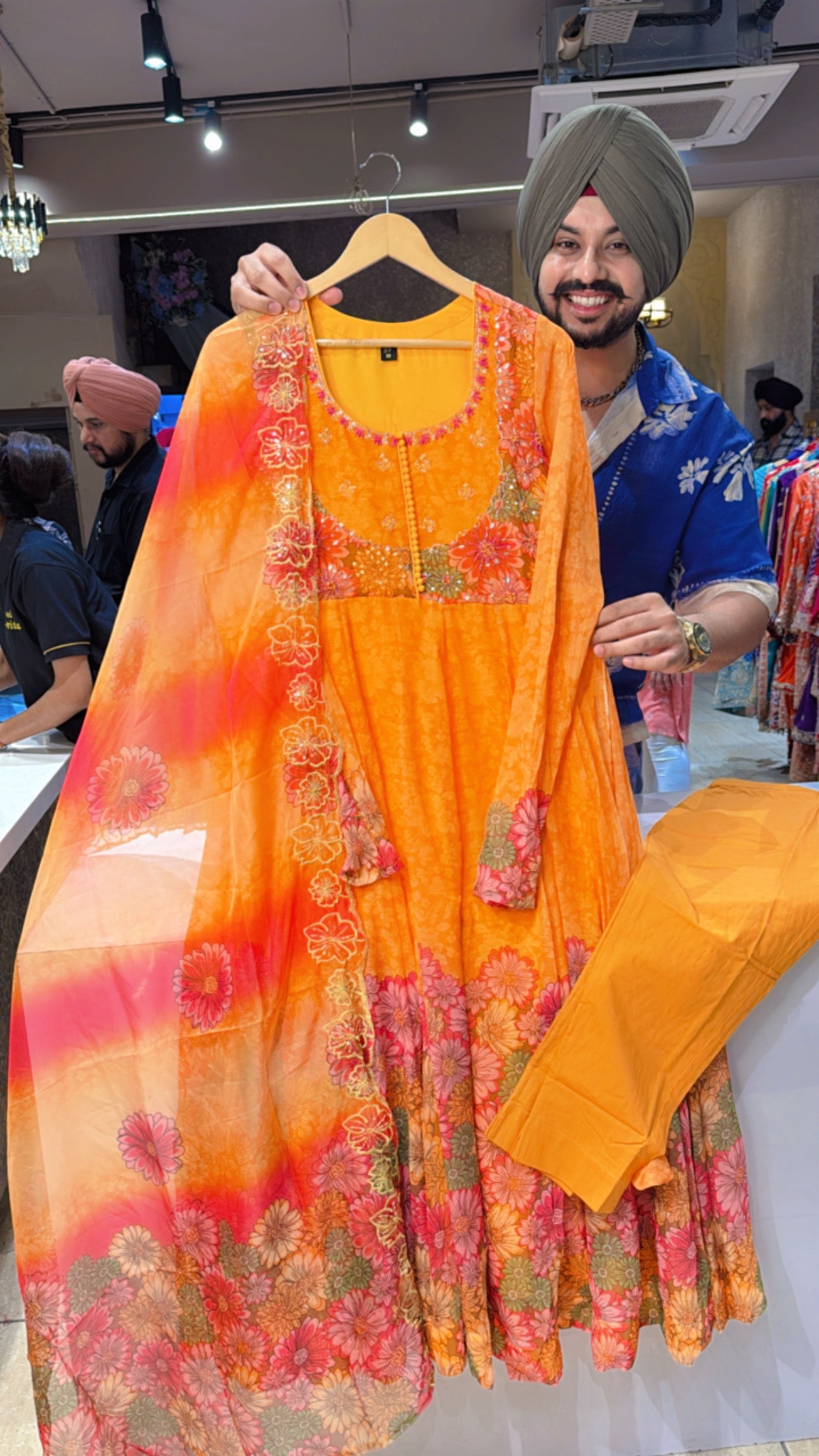 Yellowish orange Chiffon Full Flair Embroidered Anarkali Suit with Beautiful Organza Duppata