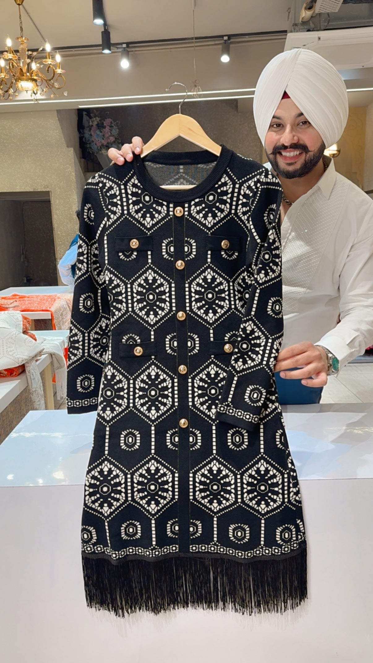 Black Nitting Woolen Knee length Girlish Dress with Frill on Border