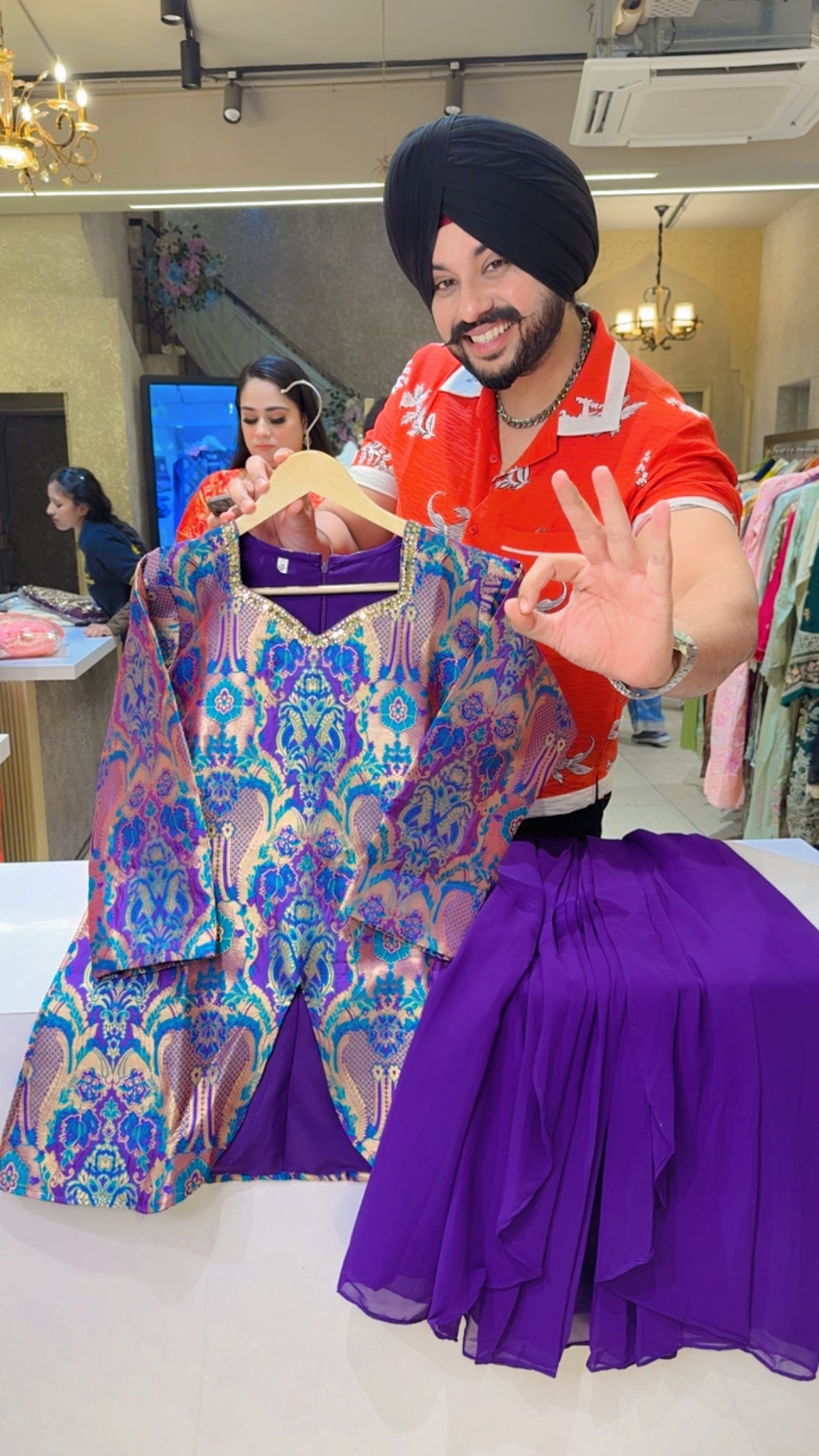 Purple Brocade & Georgette Designer Drape Skirt Set IN