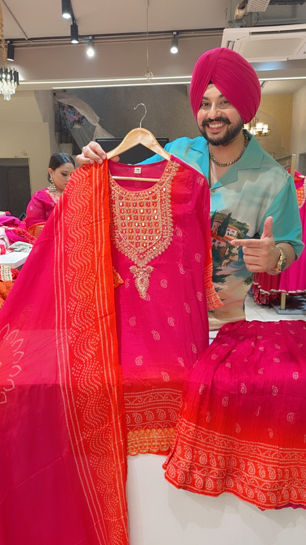 Hot Pink Bandhej print Chinon Heavy embroidered Full Flair Skirt Suit with Beautiful Duppata