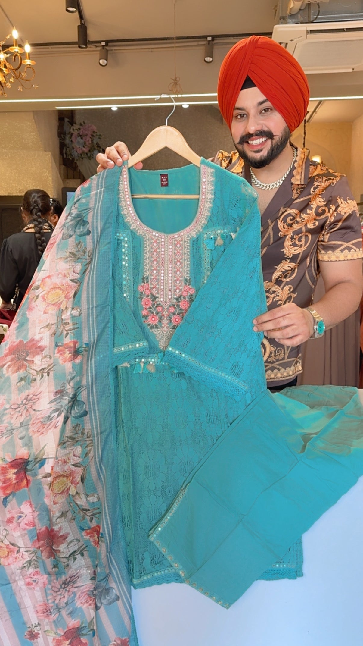 Sea Green Crochet Lace Embroidered Indowestern western Girish suit with Floral Kota Doria Duppata