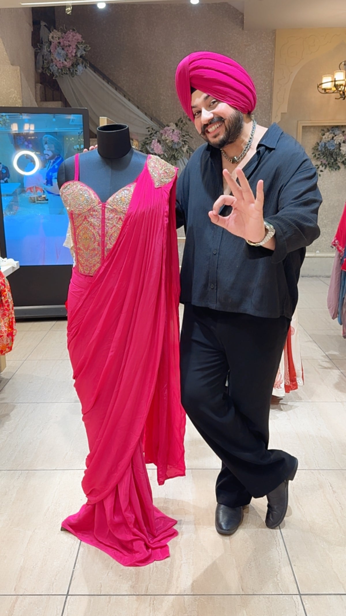 Hot Pink Brocade Silk Hand embroidered Corset Top Crepe Drape Saree set