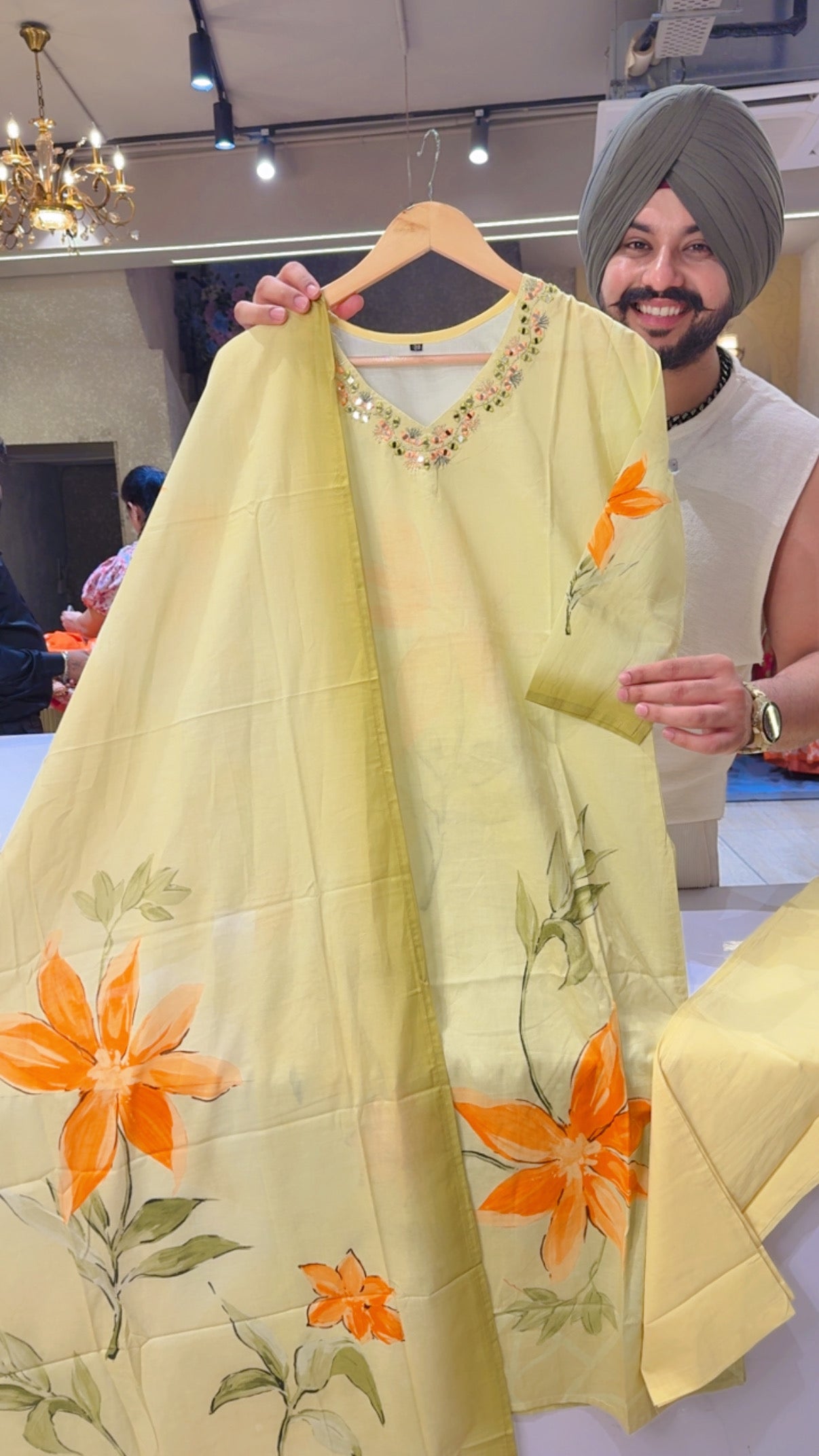 Light lemon Soft Cotton Floral Print  office Wear suit with sleek embroidery Work on neck