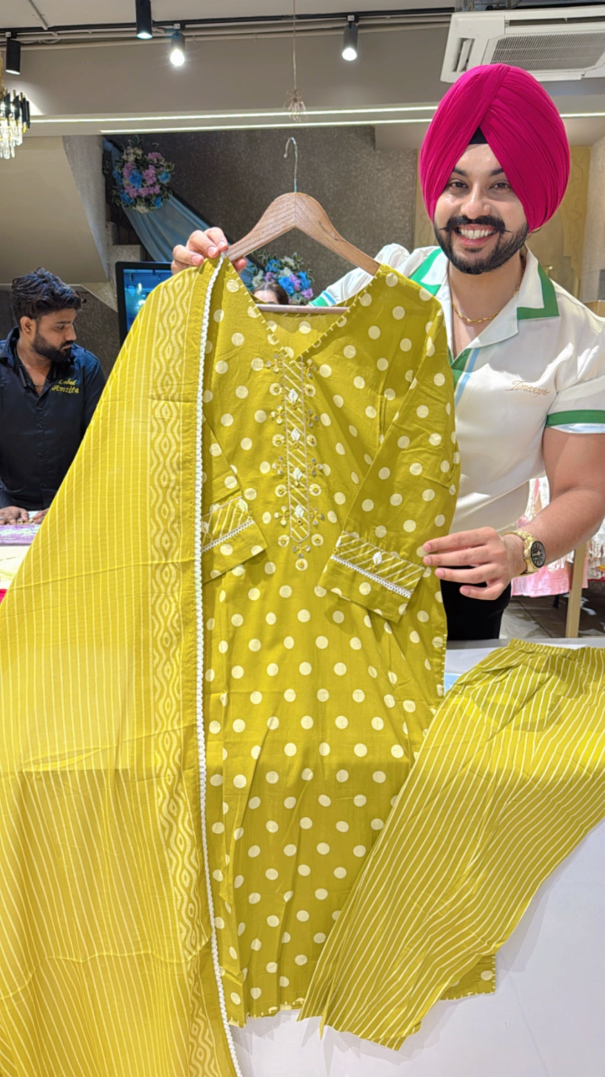 Light Mehendi Polka Dots Office Wear Straight Suit with Sleek Embroidery Work on neck