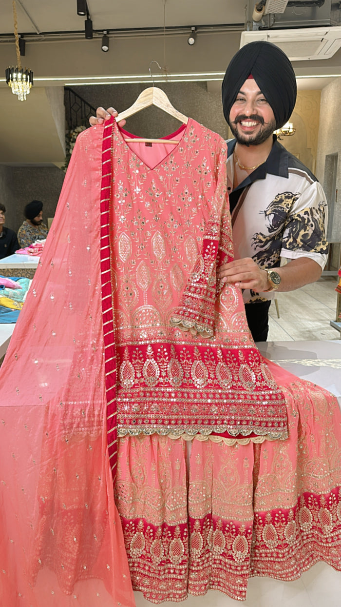Vibrant Red Chinon Fully Embroidered Full Flair Sharara Set with beautiful Duppata main image 0