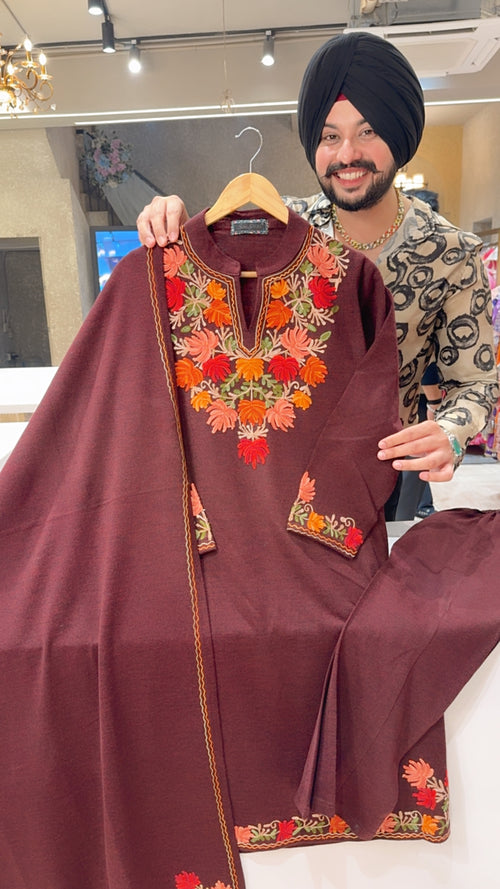 Maroon Woolen Long length Coord set With Heavy Kashmiri Embroidered Shrug main image 1