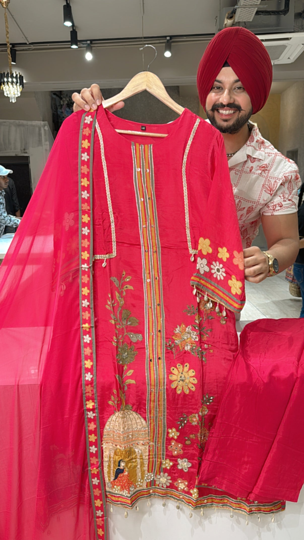 Hot pink Viscose Crepe heavy embroidered A-line Suit with Chiffon Duppata