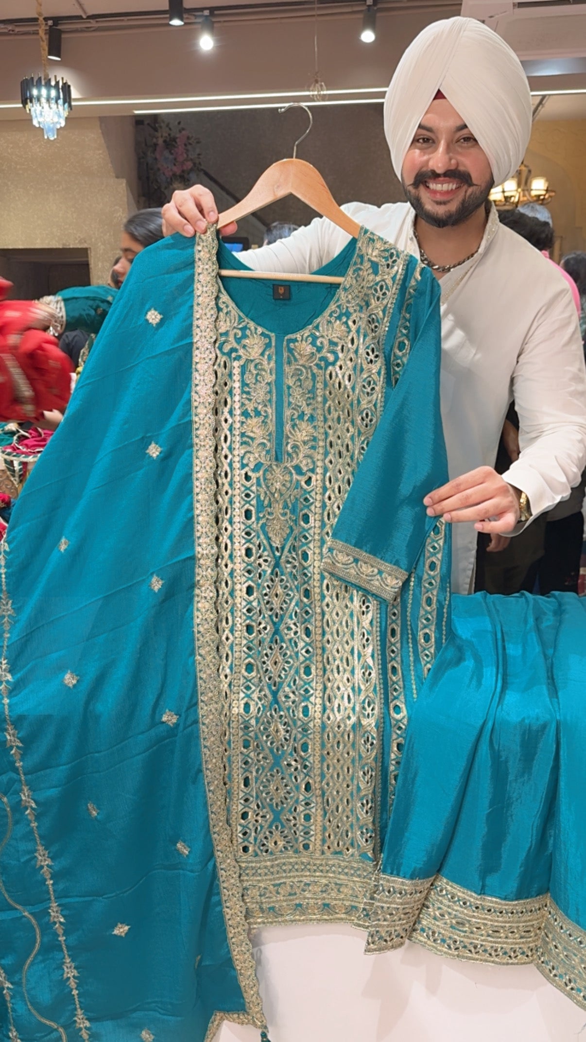 Firozi Chinon Heavy embroidered & Cut Work Straight Plazo Suit With Beautiful Duppata